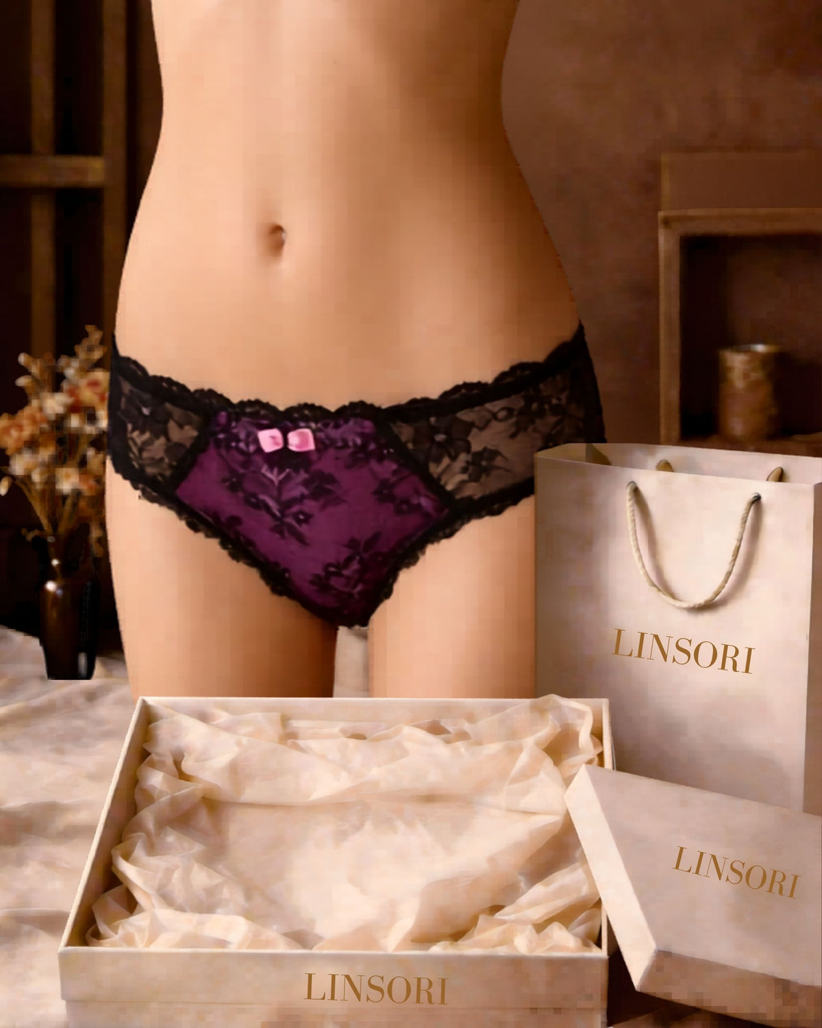 Linsori Midnight Lace Fifi Floral Lace Brief - Mannequin View