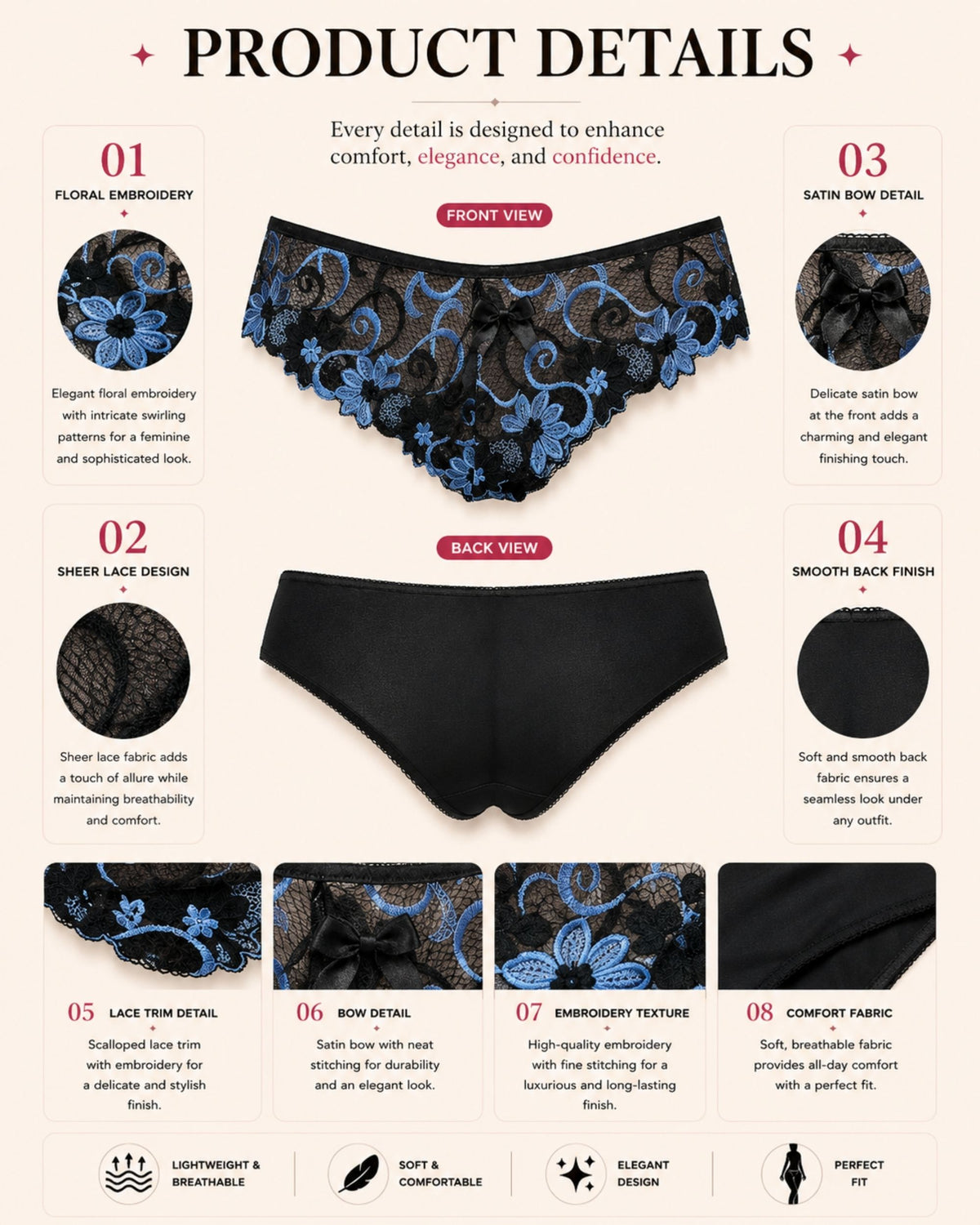 Linsori Midnight Blue Embroidered Brief -  Product detail view