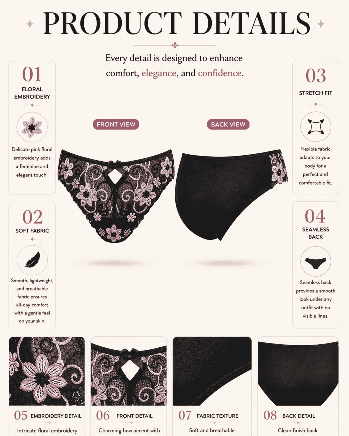 Linsori Florence Noir & amp - Rose Embroidered Brief -  Product detail view