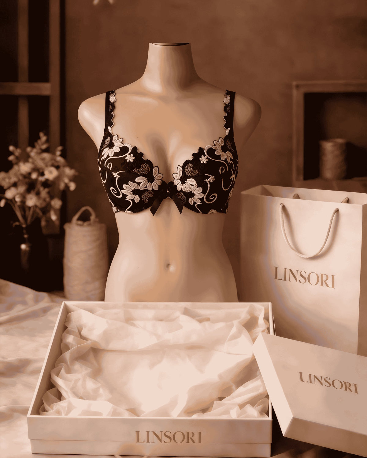Linsori Florence Noir & Rose Embroidered Brief - Mannequin View 