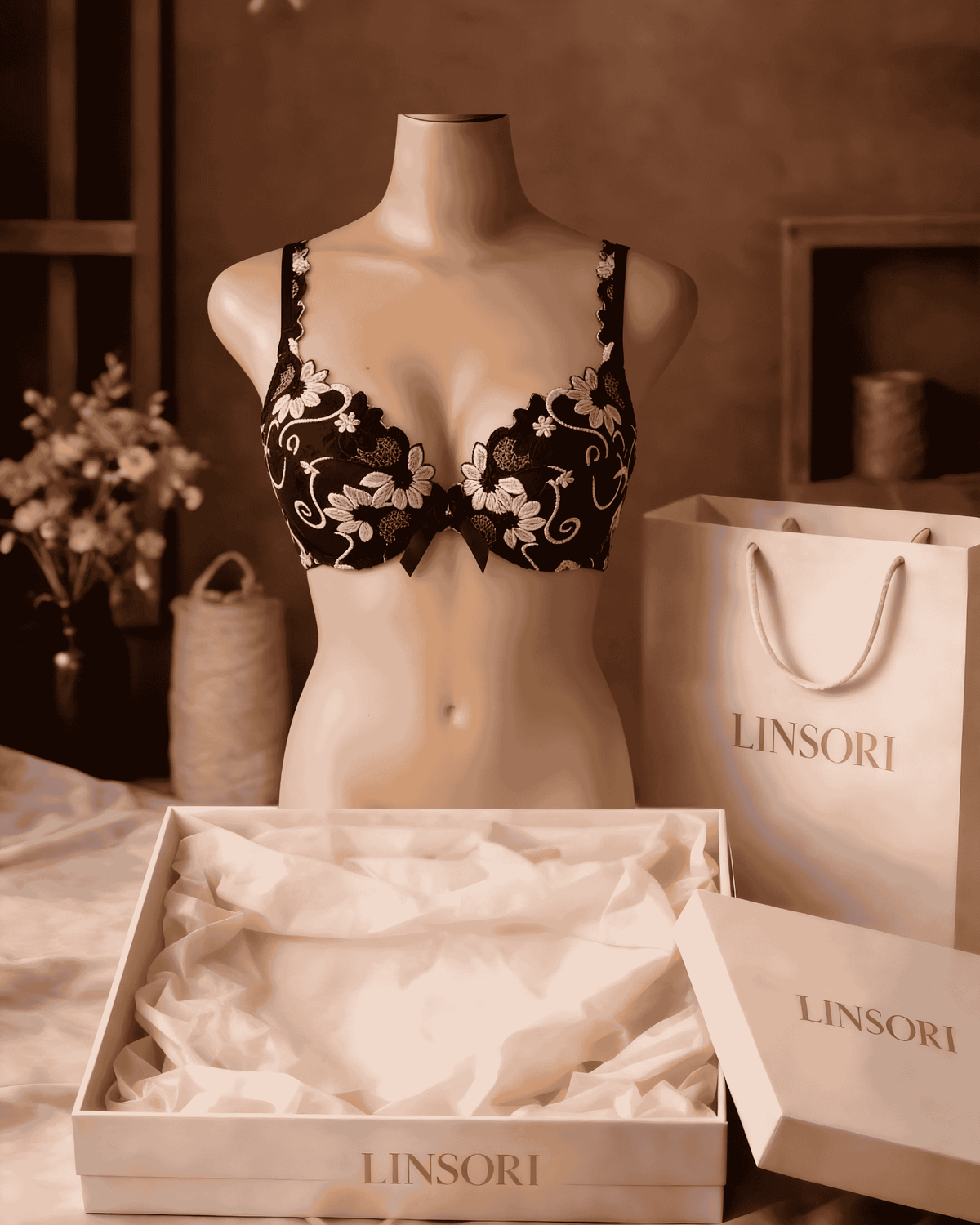 Linsori Florence Noir & Rose Embroidered Brief - Mannequin View 