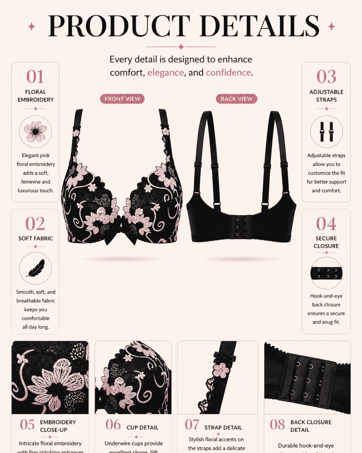 Linsori Florence Noir & Rose Embroidered Brief -  Product detail view