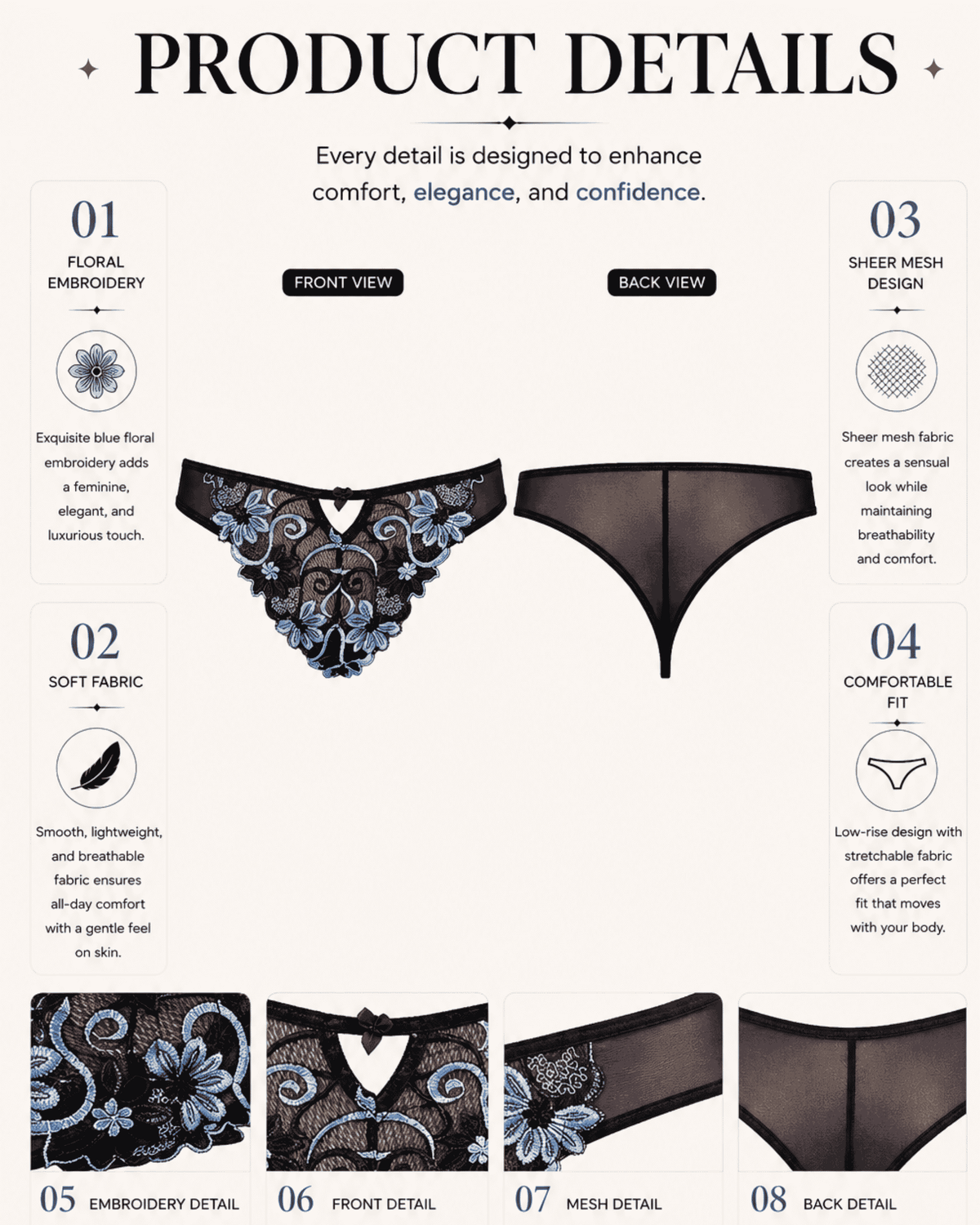 Linsori Sapphire Florence Embroidered Thong -  Product detail view