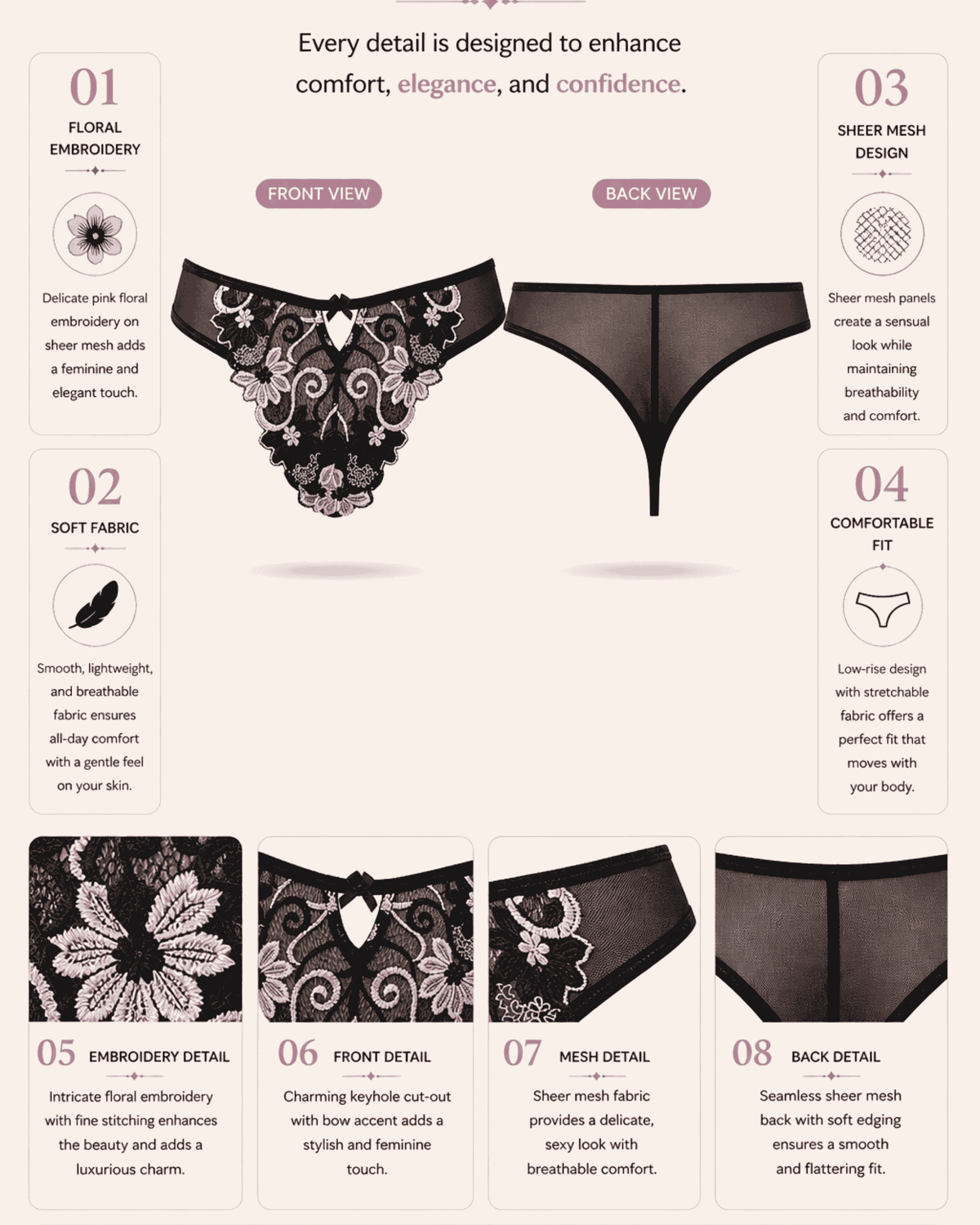 Linsori Florence Embroidered Blush Thong -  Product detail view