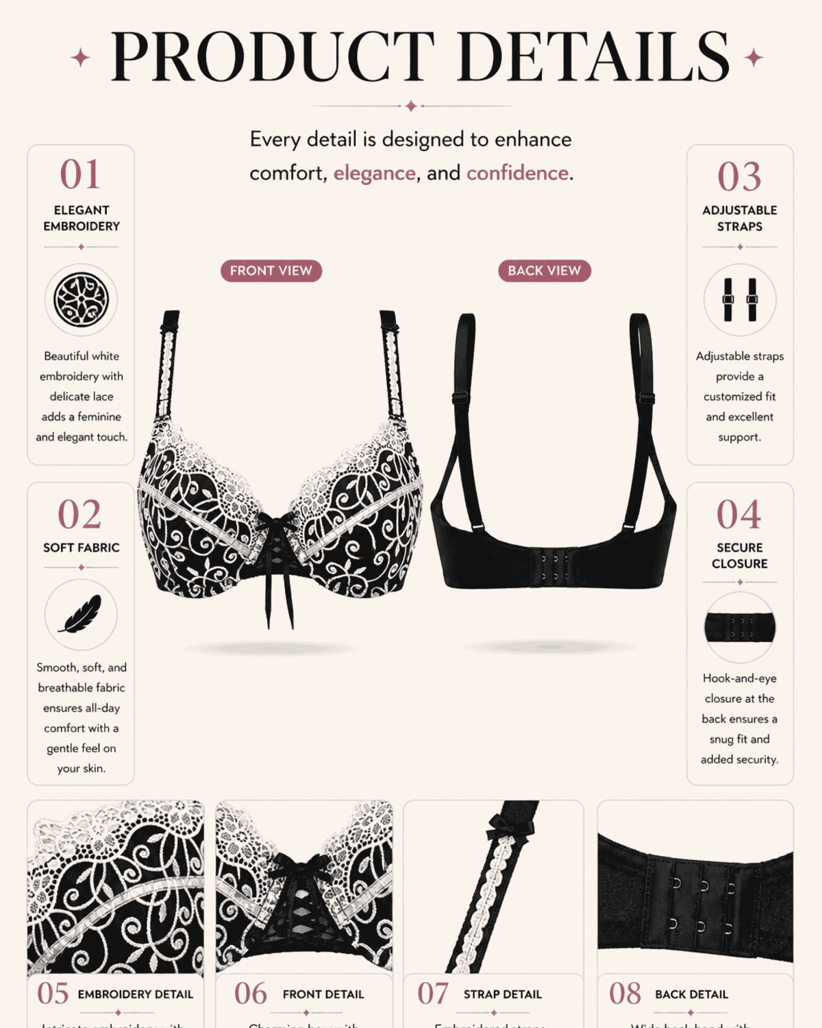 Linsori Noir Ginewra Embroidered Lace Push-Up Bra -  Product detail view