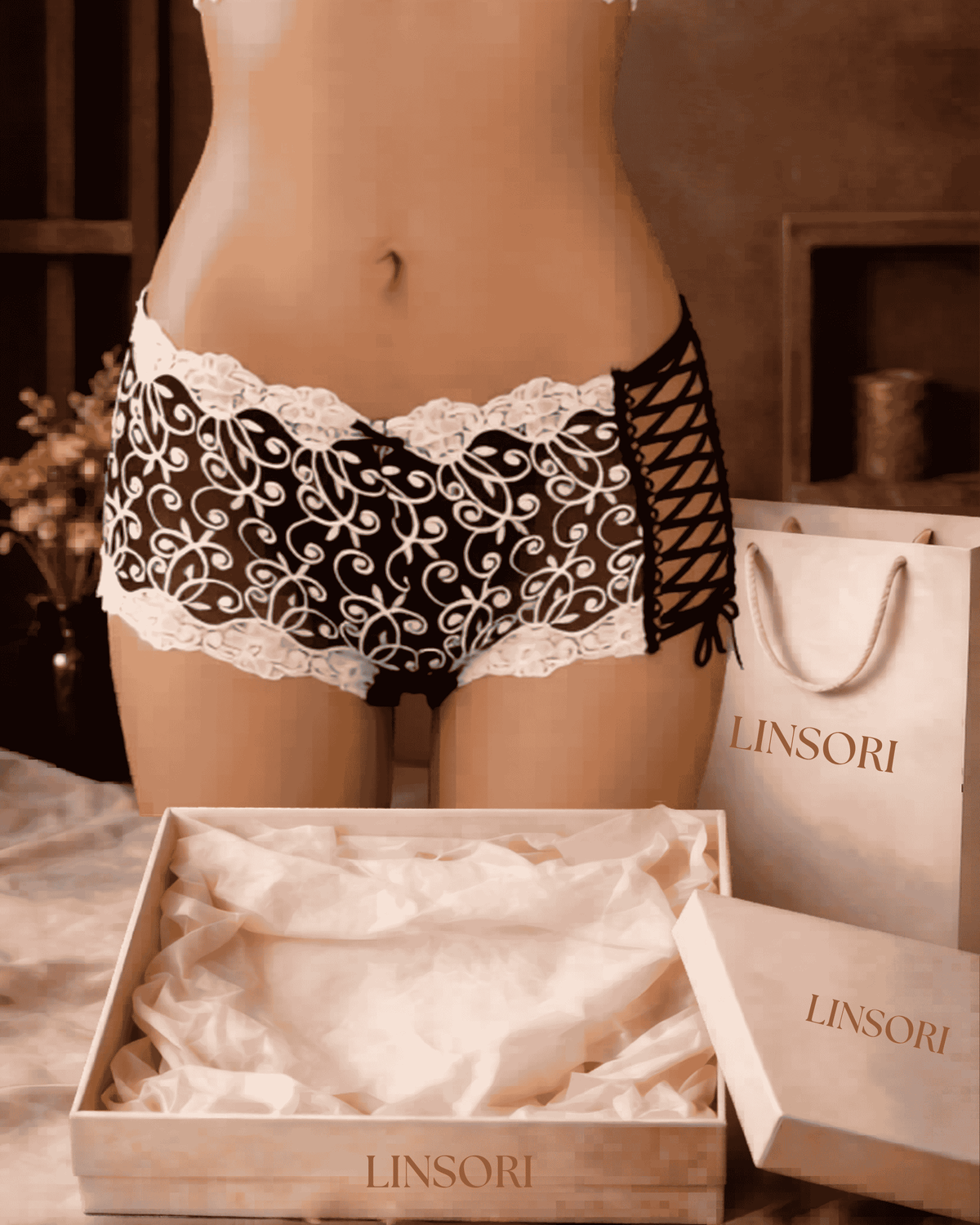 Linsori Noir Ginewra Embroidered Lace Short - Mannequin View