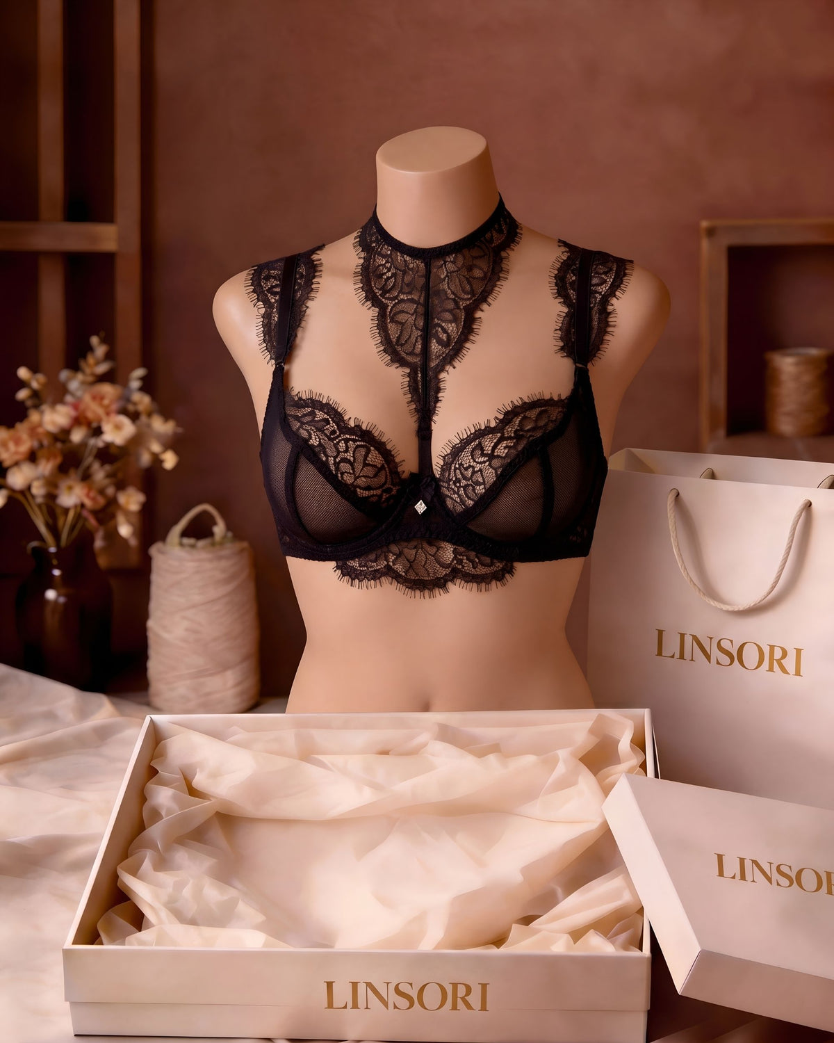 Linsori Obsidian Eyelash Lace Soft Cup Plus Size - Mannequin View