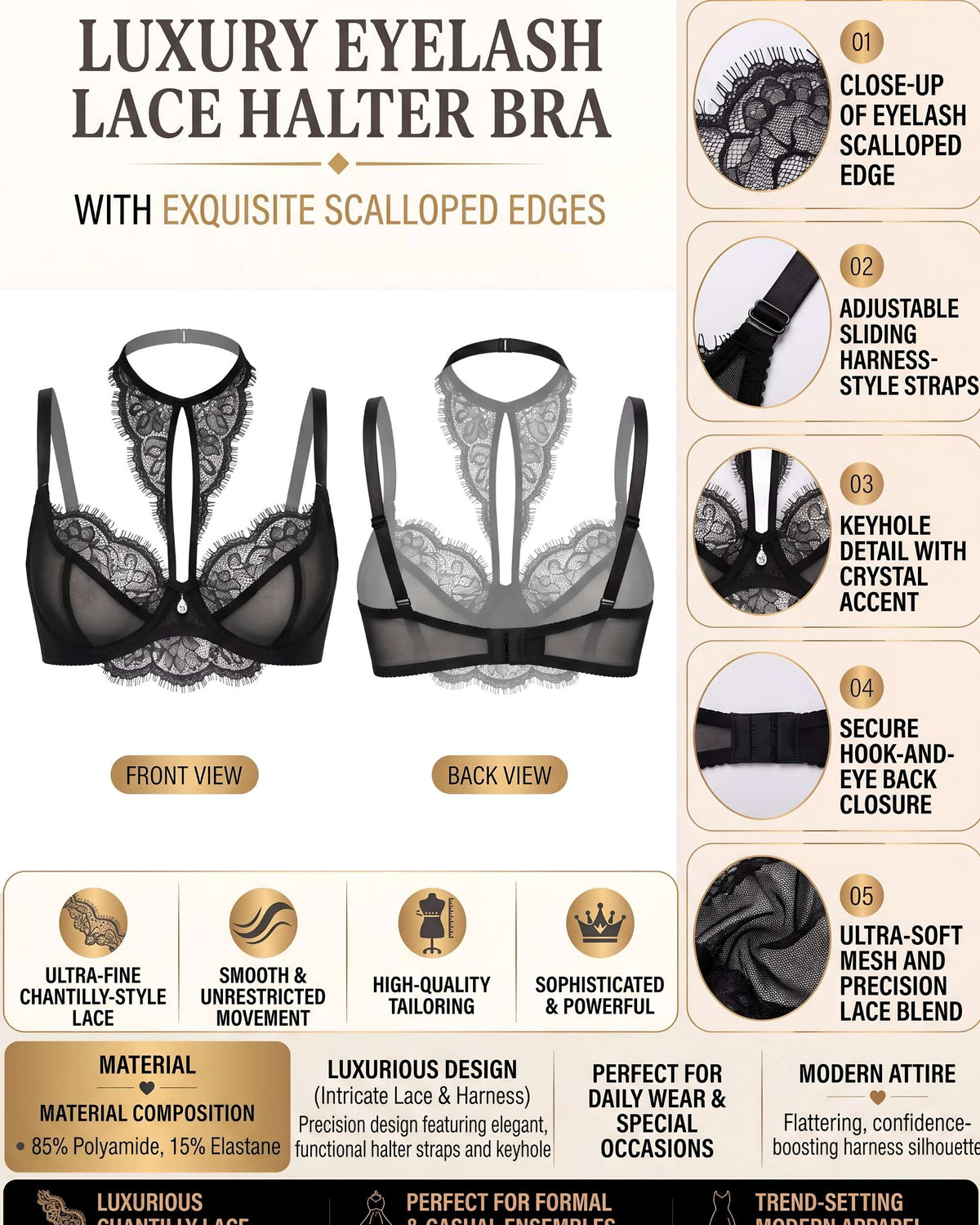 Linsori Obsidian Eyelash Lace Soft Cup Plus Size -  Product detail view
