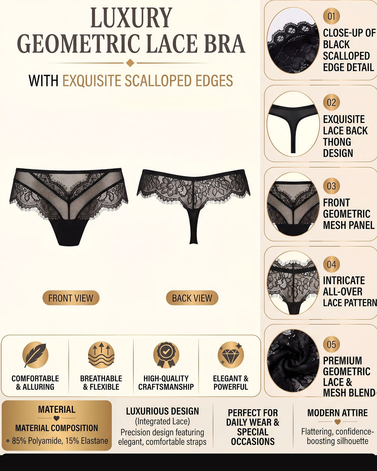 Linsori Obsidian Eyelash Lace Thong -  Product detail view