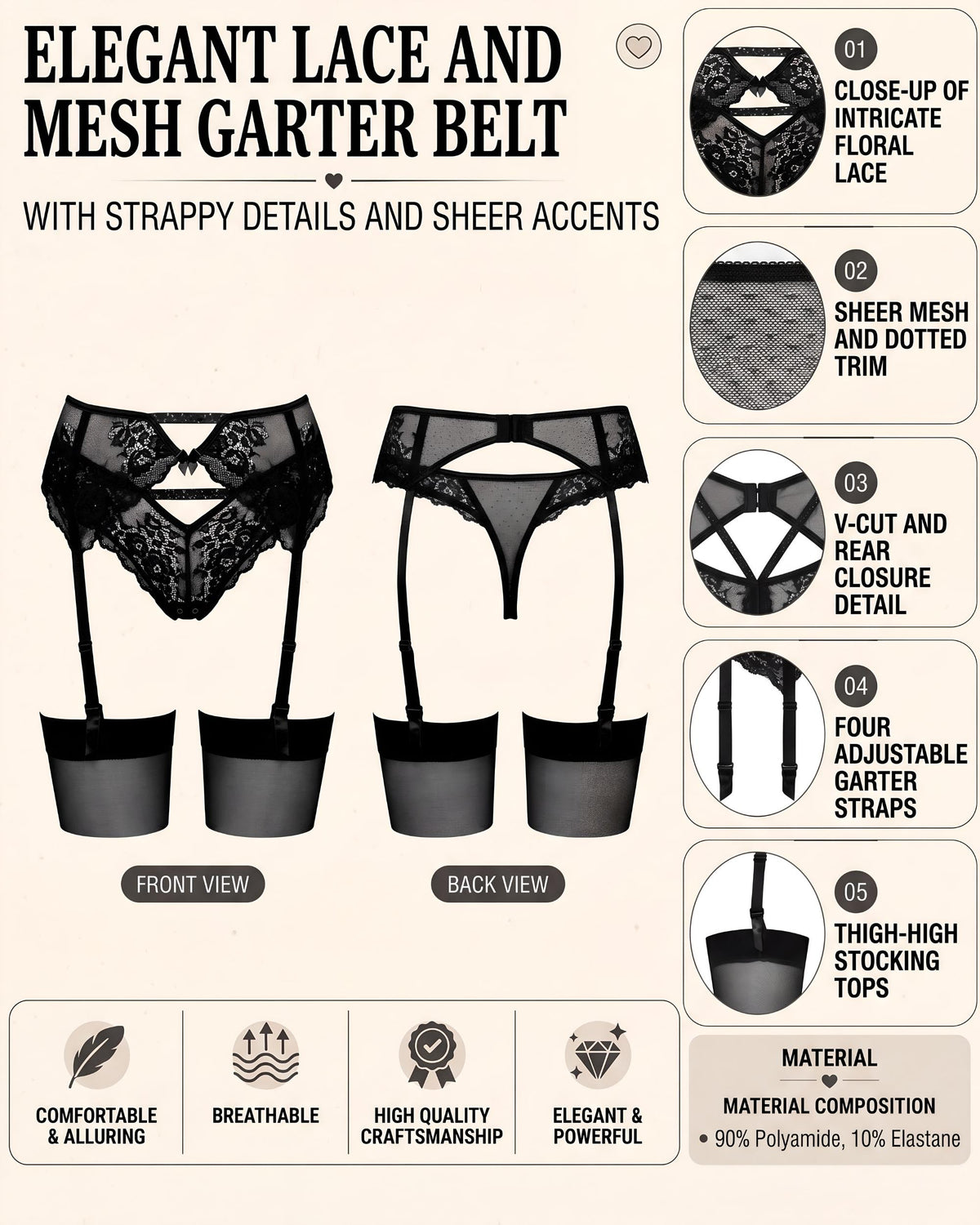 Linsori Noir Lace Suspender Belt Hold-Ups -  Product detail view