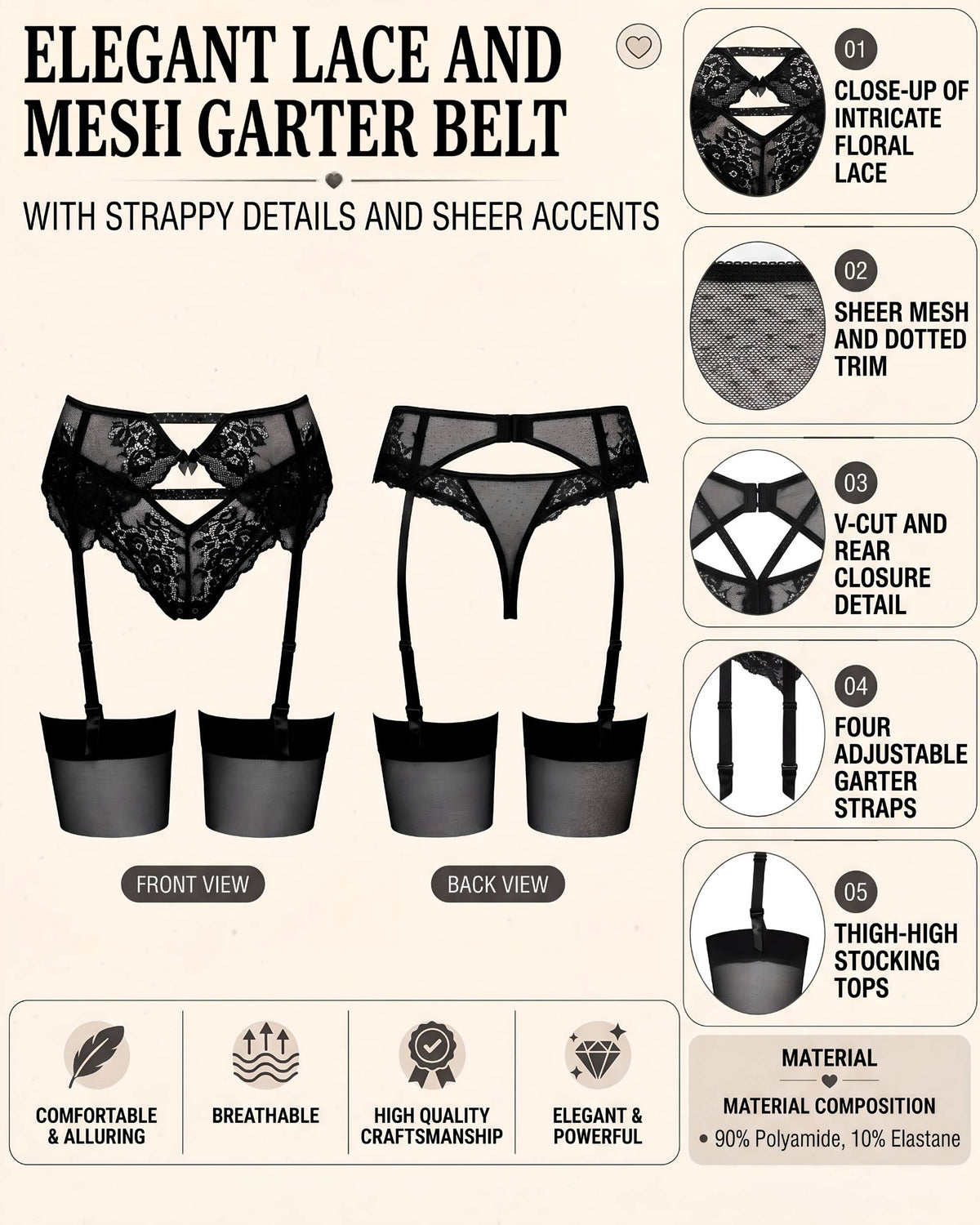 Linsori Midnight Lace Thong with Crystal Detail -  Product detail view