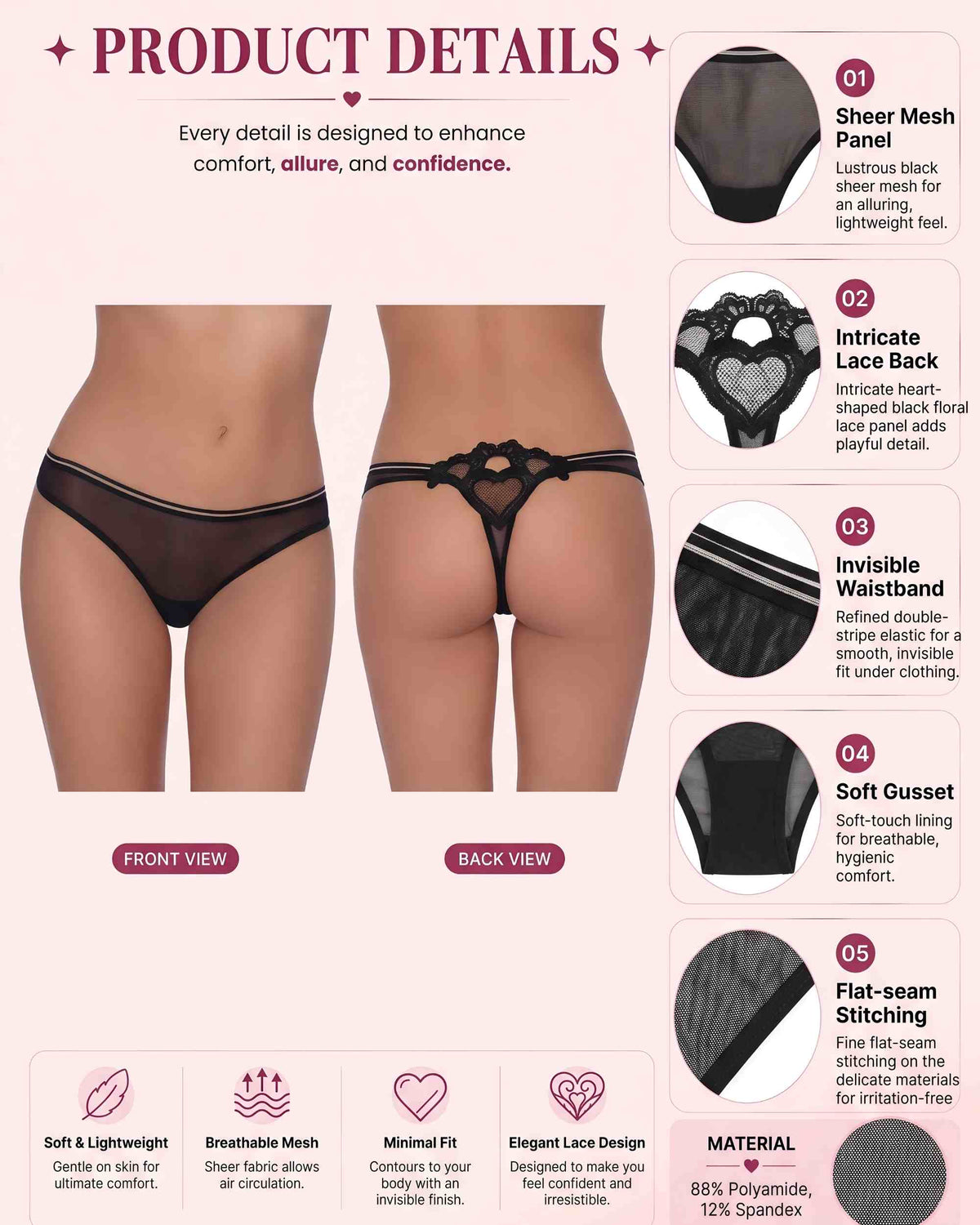 Linsori Noir Sheer Heart Brief -  Product detail view
