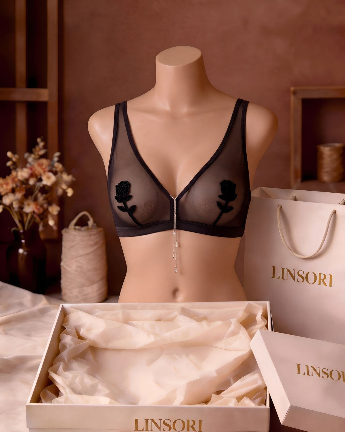Linsori Noir Embroidered Soft Cup Bra Plus Size - Mannequin View