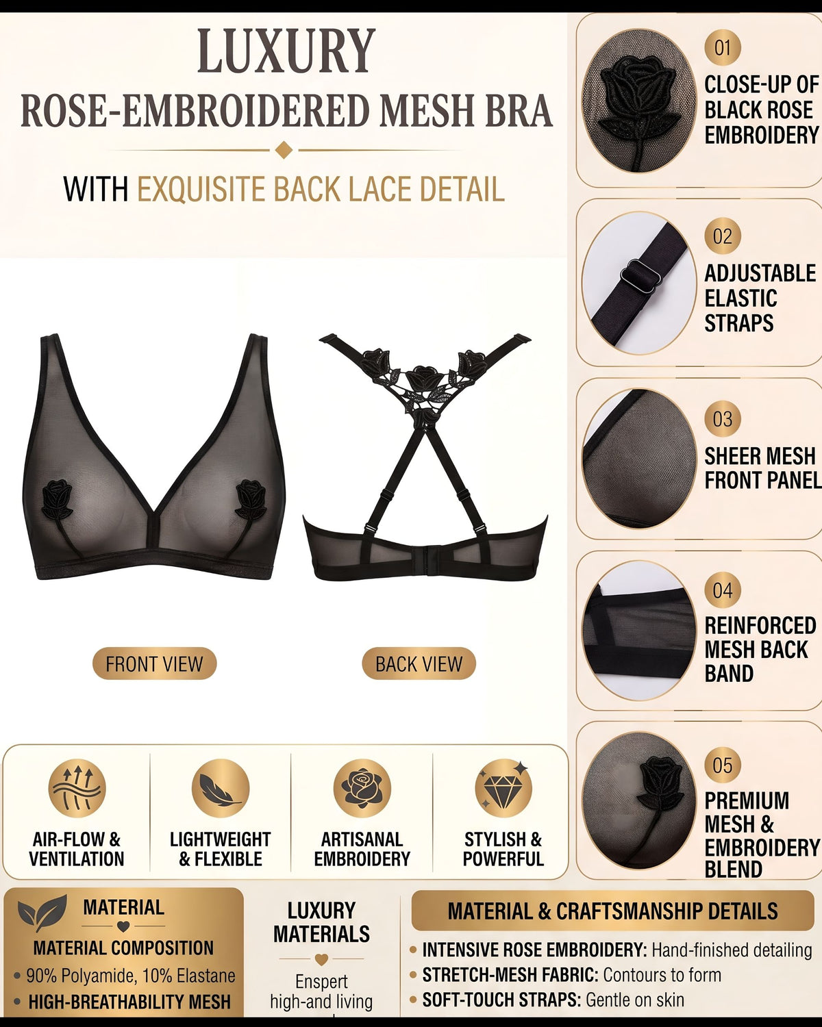 Linsori Noir Embroidered Soft Cup Bra Plus Size -  Product detail view