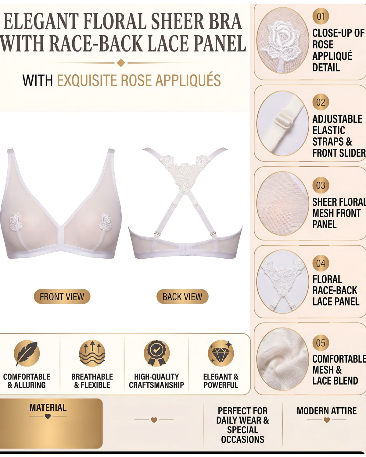 Linsori Ivory Embroidered Soft Cup Bra Plus Size -  Product detail view