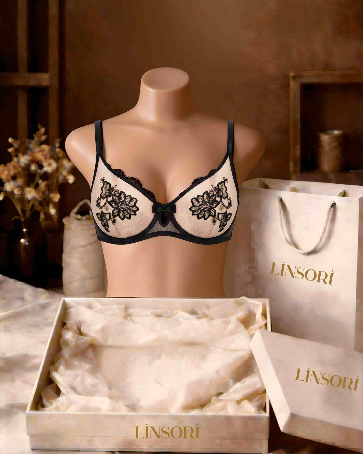 Linsori Noir Henna Soft Cup Bra Plus Size Bridal - Mannequin View