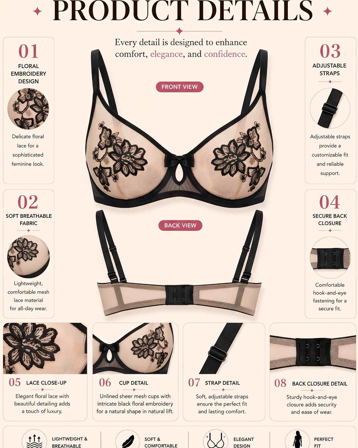 Linsori Noir Henna Soft Cup Bra Plus Size Bridal -  Product detail view