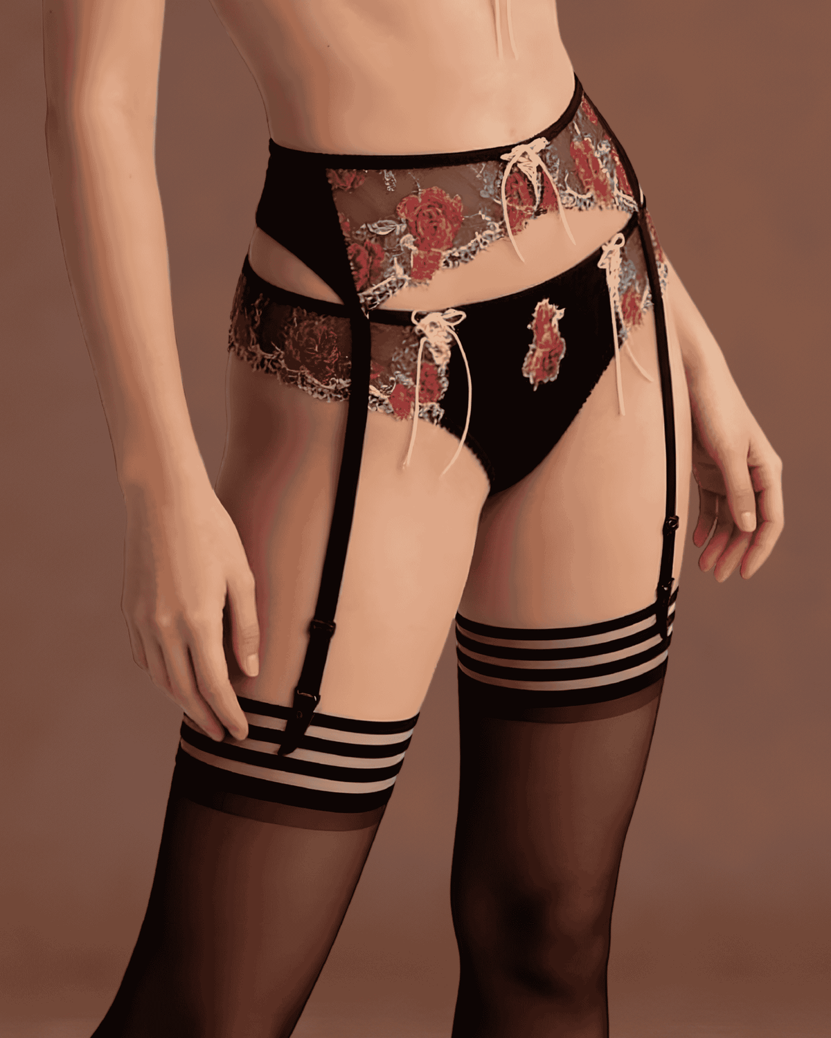 Linsori Natali Floral Embroidered Suspender Belt - Close-up view