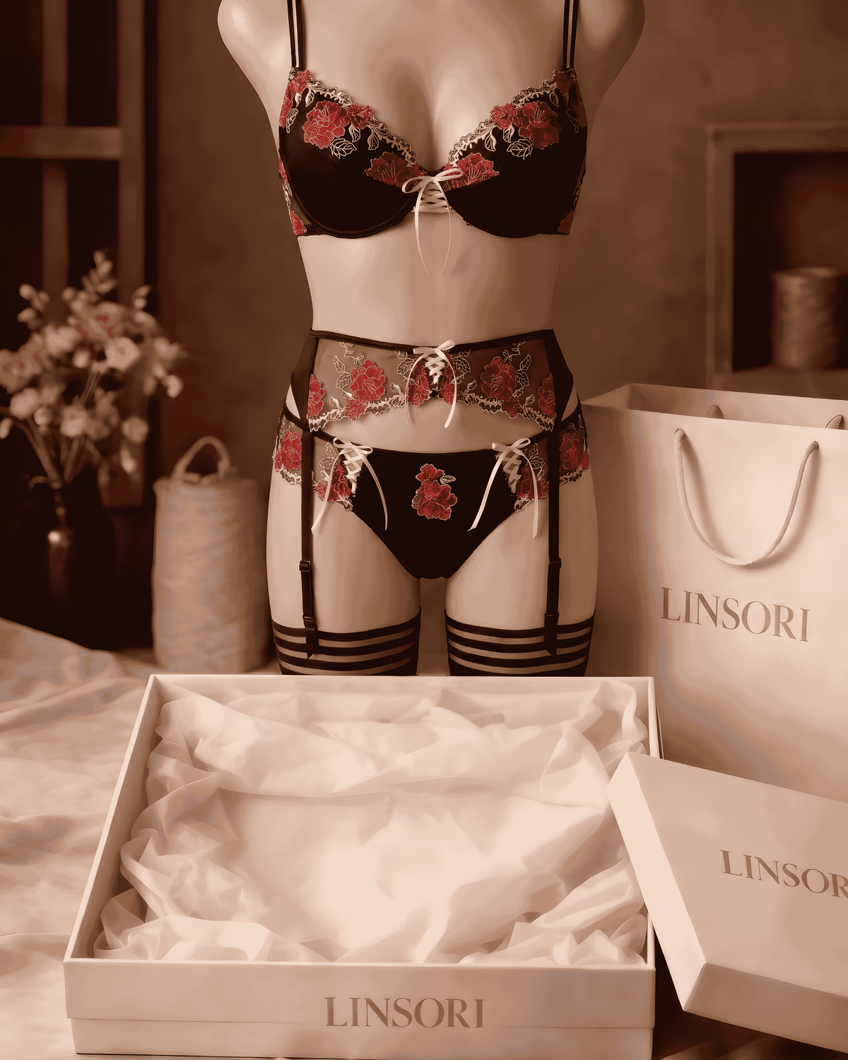 Linsori Natali Floral Embroidered Thong - Mannequin View