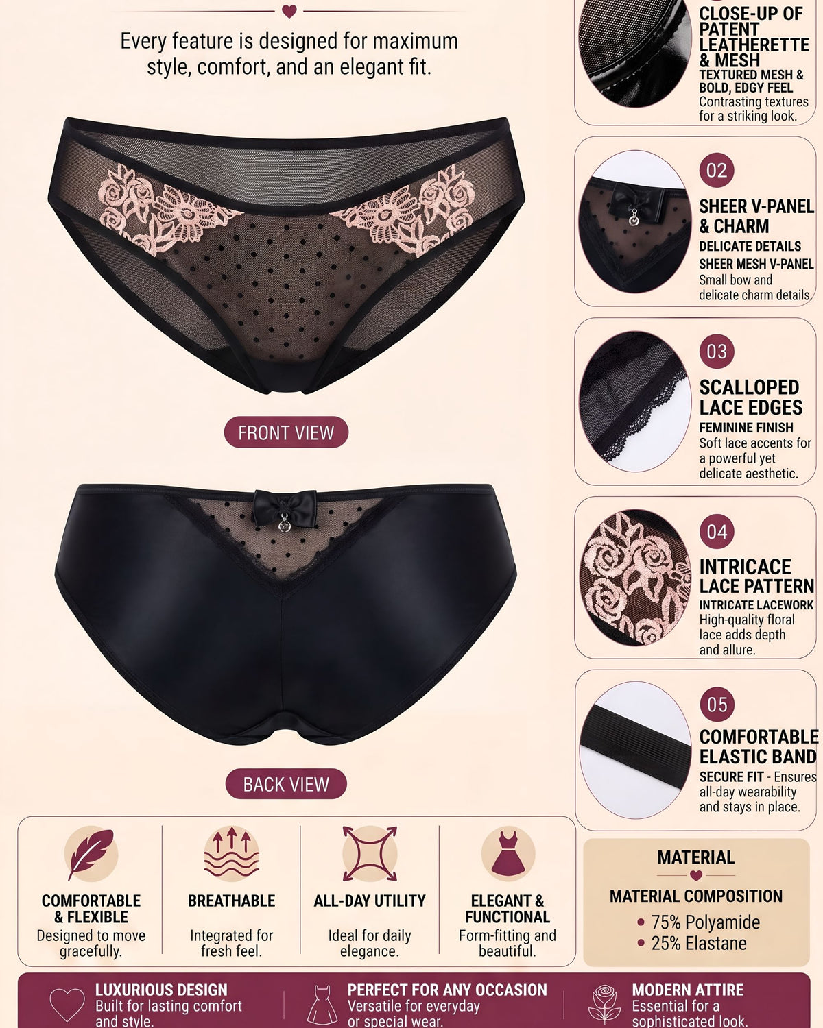 Linsori Noir Rose Embroidered Brief -  Product detail view