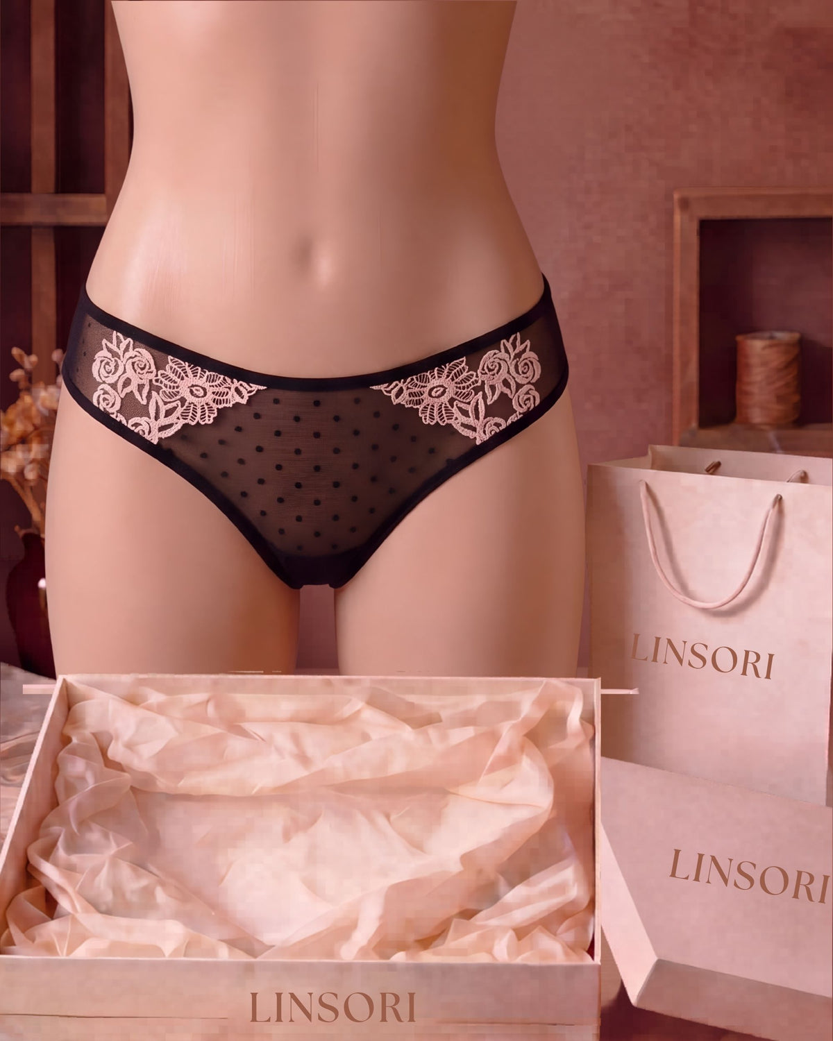 Linsori Noir Rose Embroidered Brief - Mannequin View