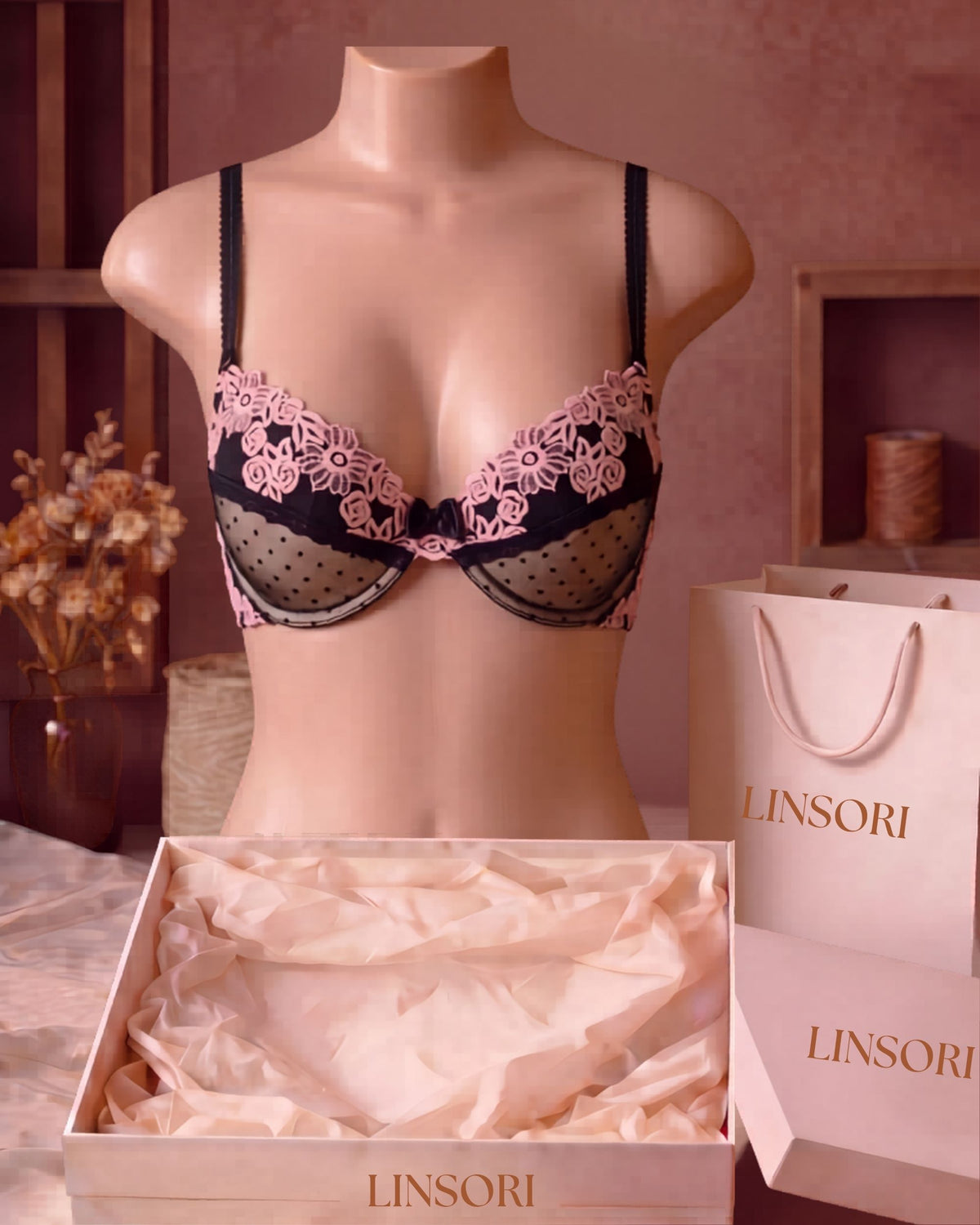 Linsori Noir Rose Embroidered Push-Up Bra Plus Size - Mannequin View