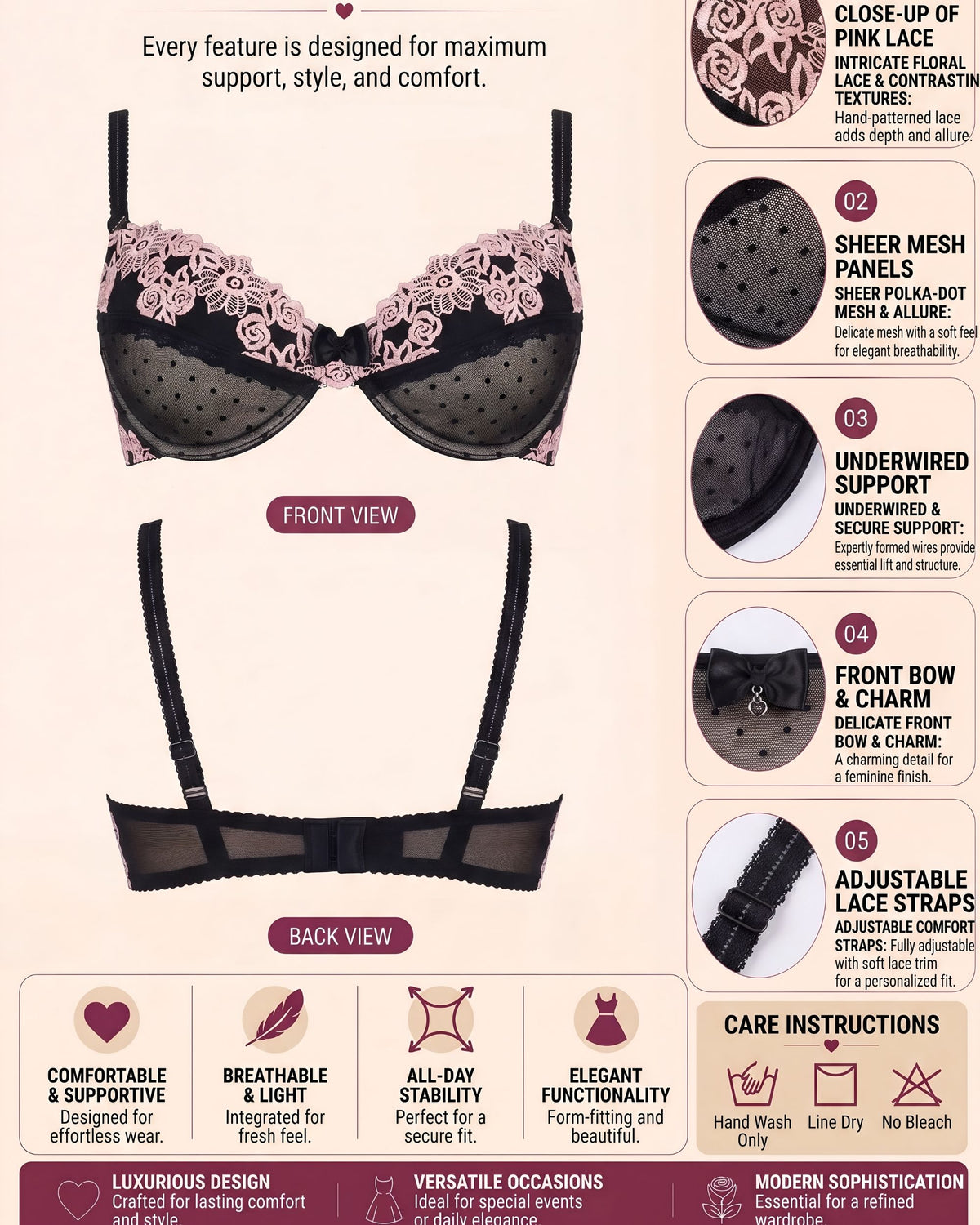 Linsori Noir Rose Embroidered Push-Up Bra Plus Size -  Product detail view