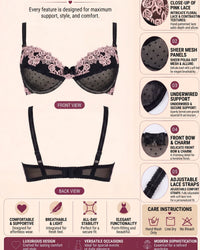 Linsori Noir Rose Embroidered Push-Up Bra Plus Size -  Product detail view