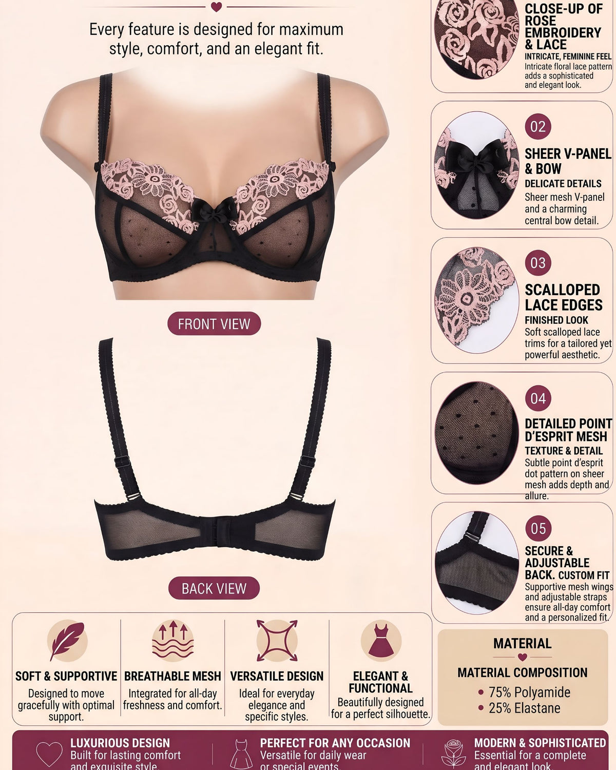Linsori Noir Rose Embroidered Soft Cup Bra Plus Size -  Product detail view