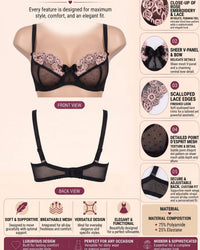 Linsori Noir Rose Embroidered Soft Cup Bra Plus Size -  Product detail view