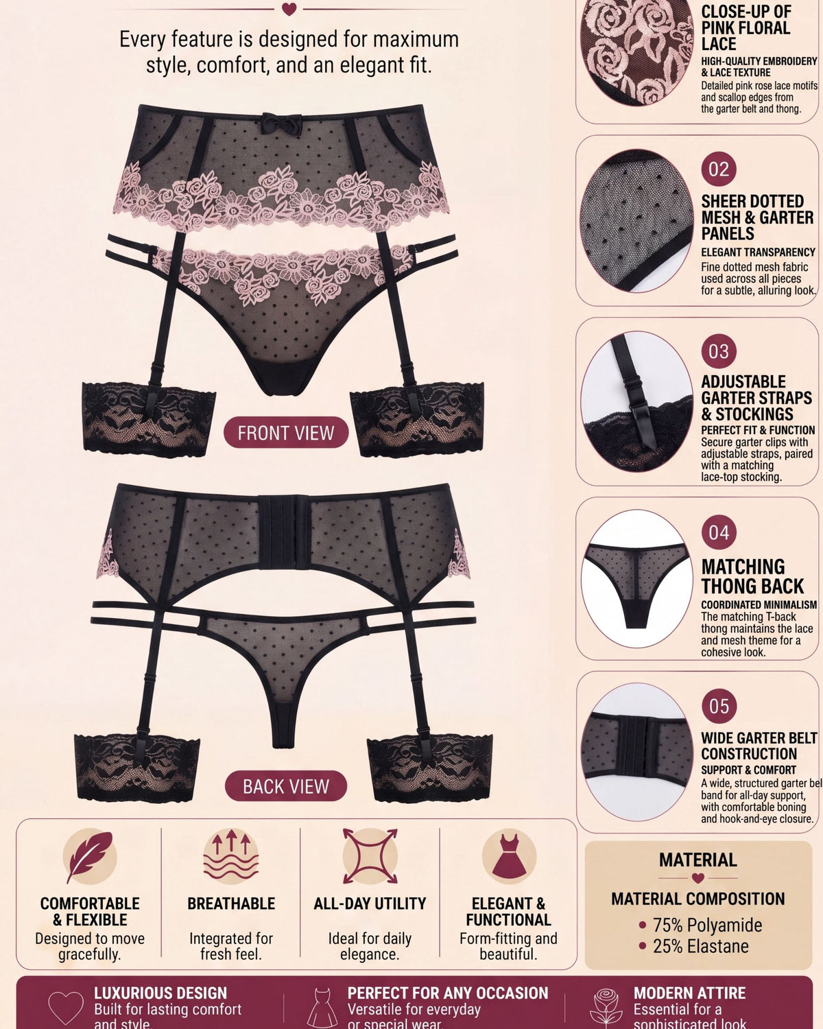 Linsori Noir Rose Embroidered Thong -  Product detail view