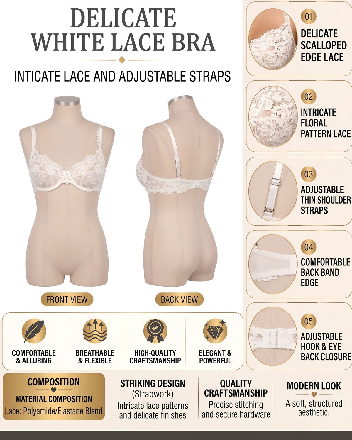 Linsori Ivory Scalloped Soft Cup Bra Plus Size -  Product detail view
