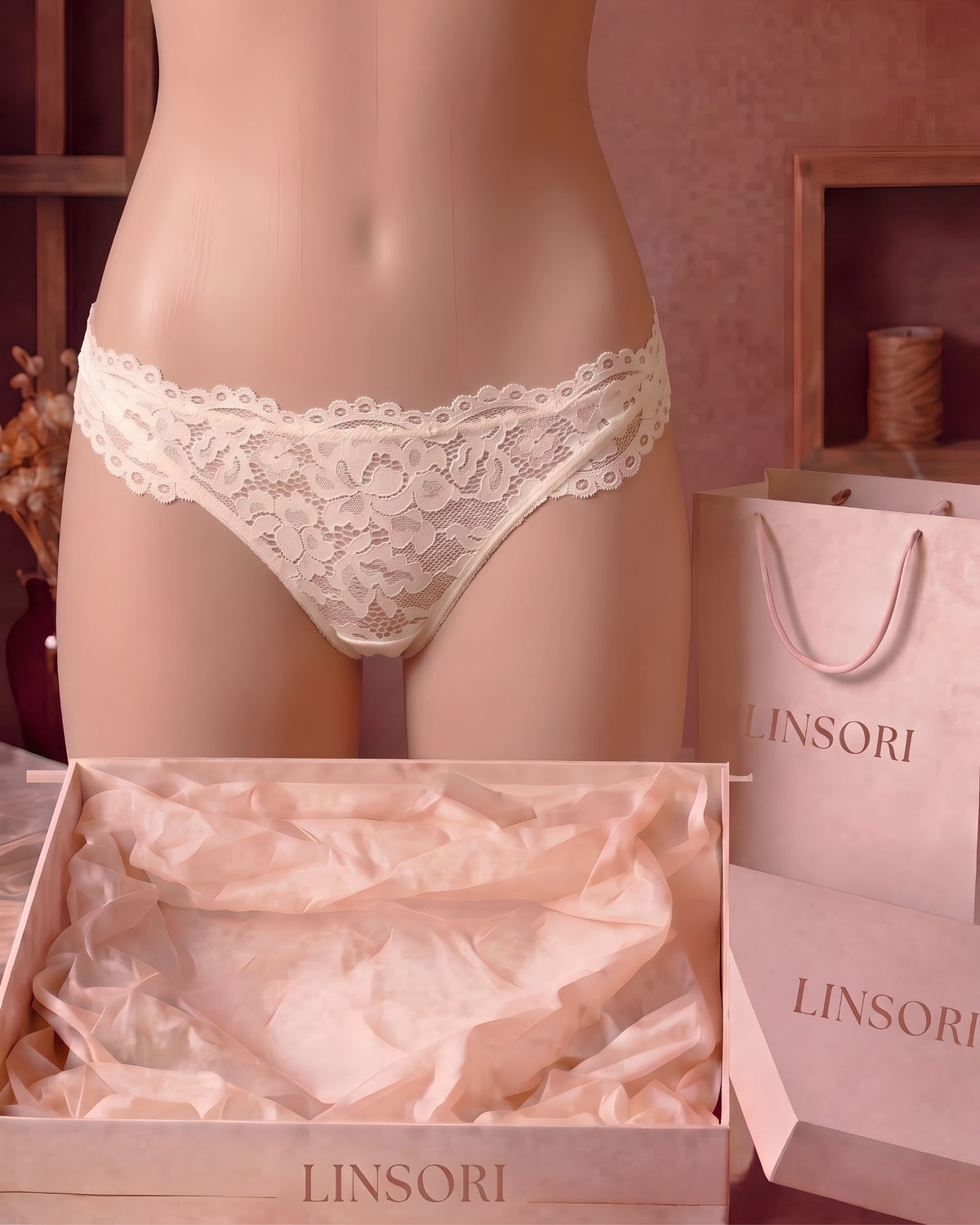 Linsori Ivory Scalloped Lace Thong - Mannequin View