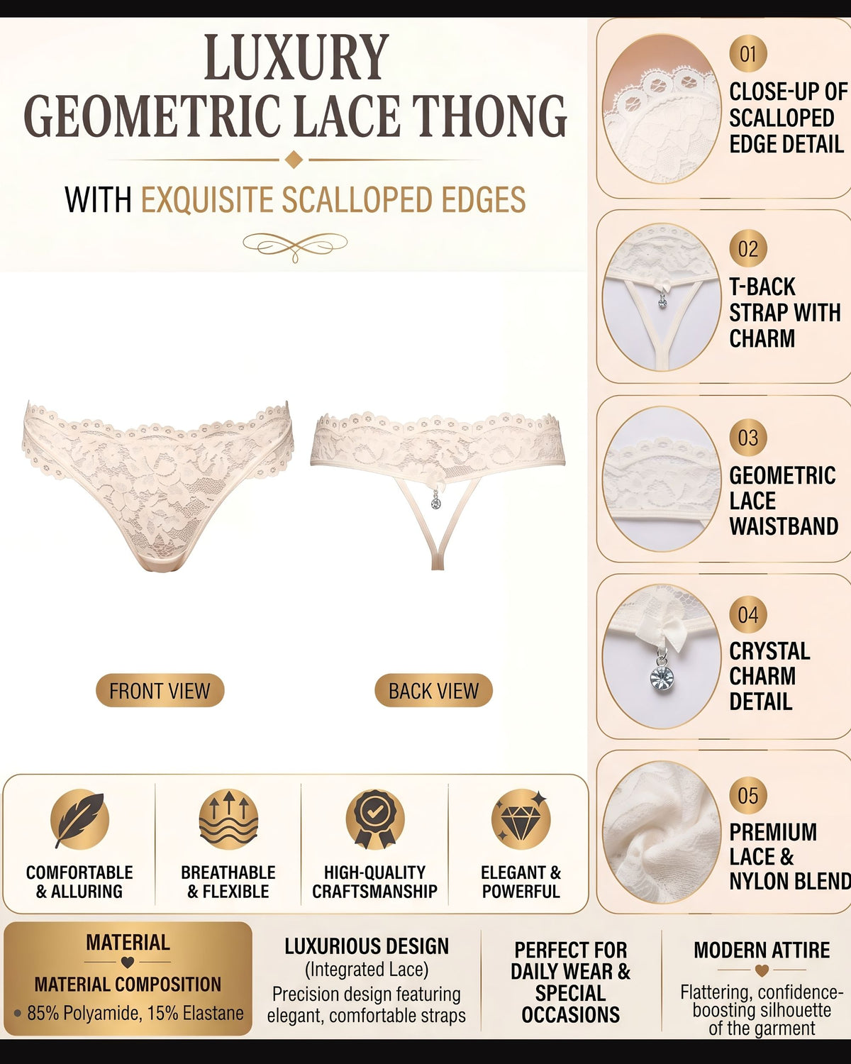 Linsori Ivory Scalloped Lace Thong -  Product detail view