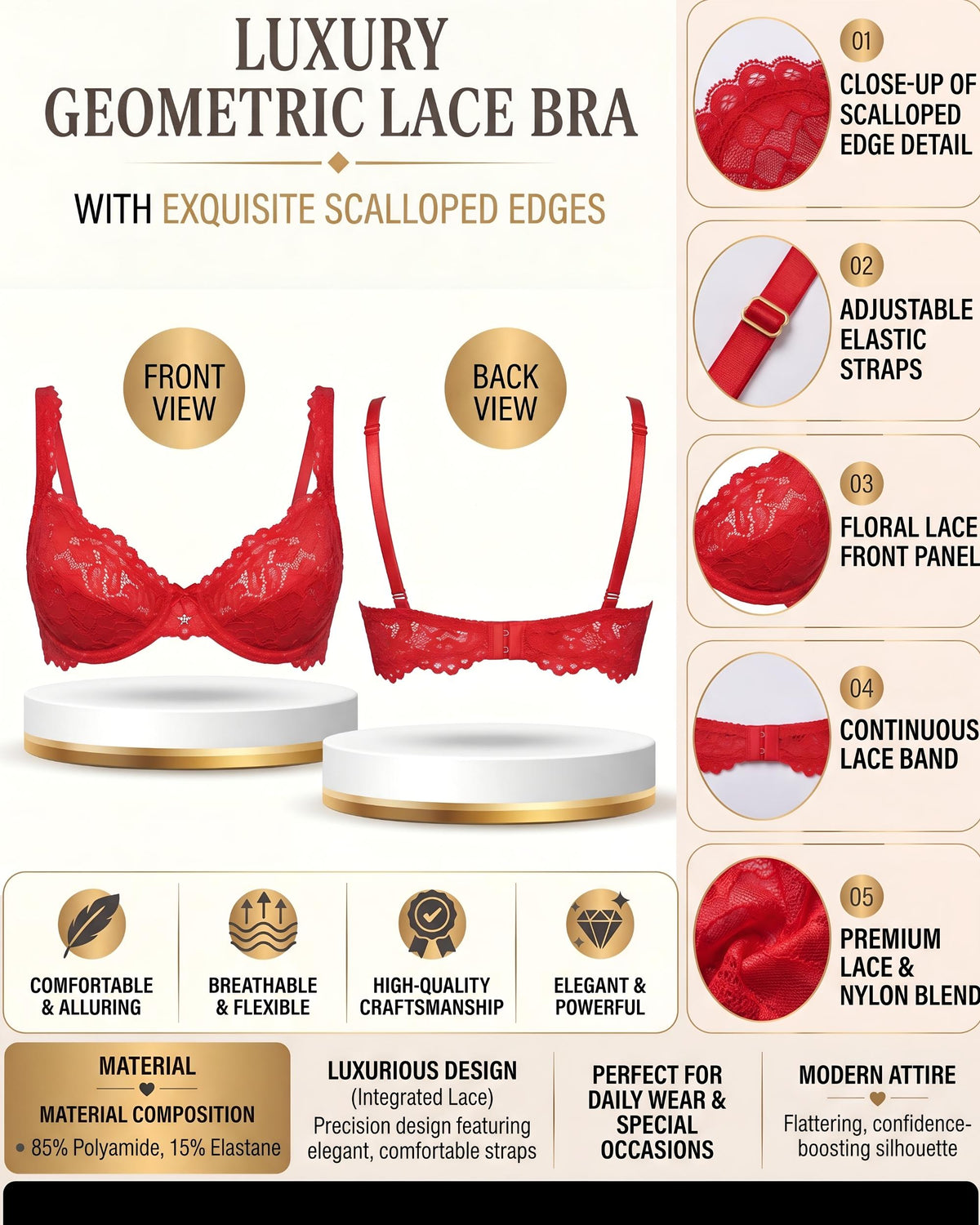 Linsori Scarlet Scalloped Soft Cup Bra Plus Size -  Product detail view