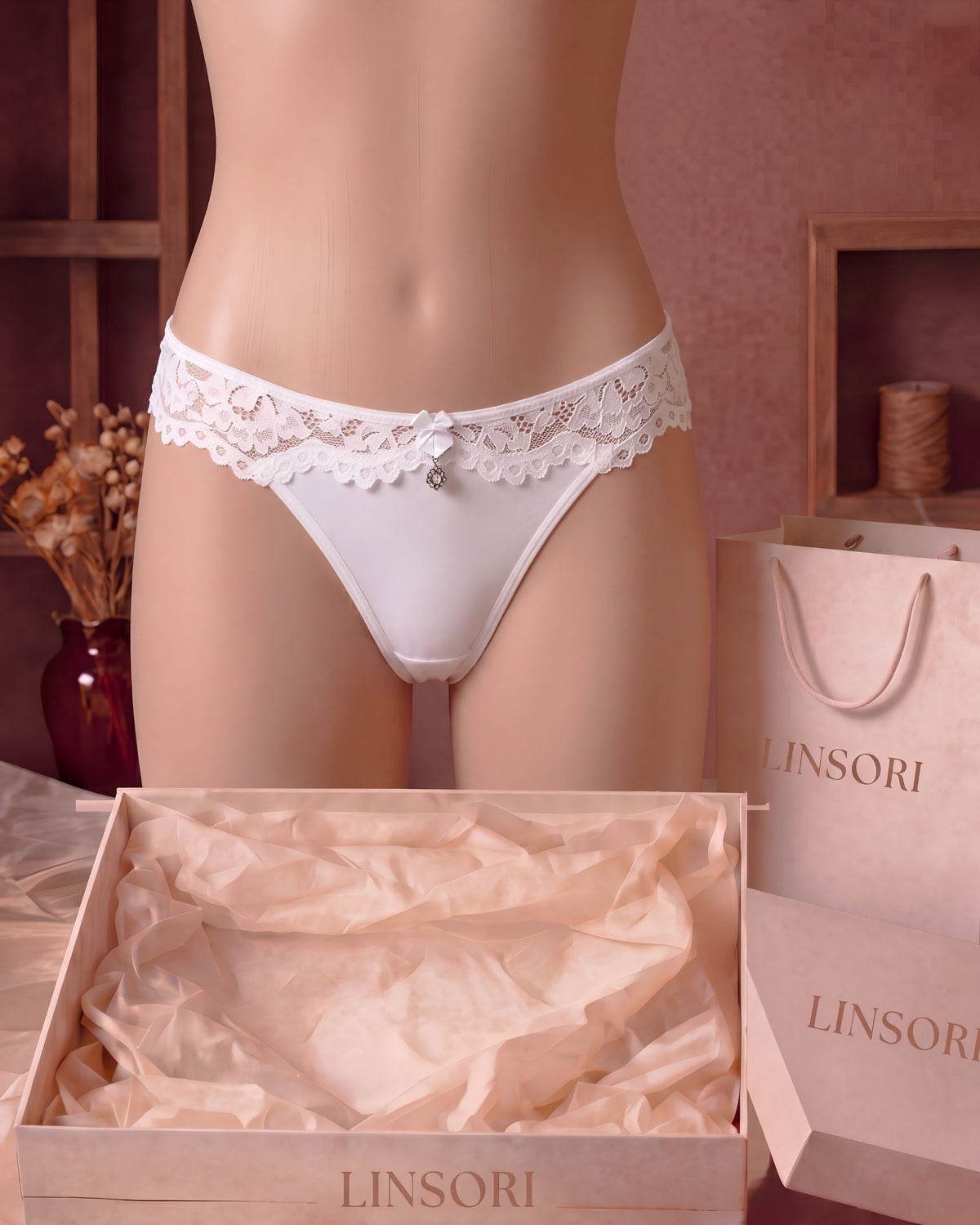 Linsori Pearl Scalloped Lace Thong - Mannequin View