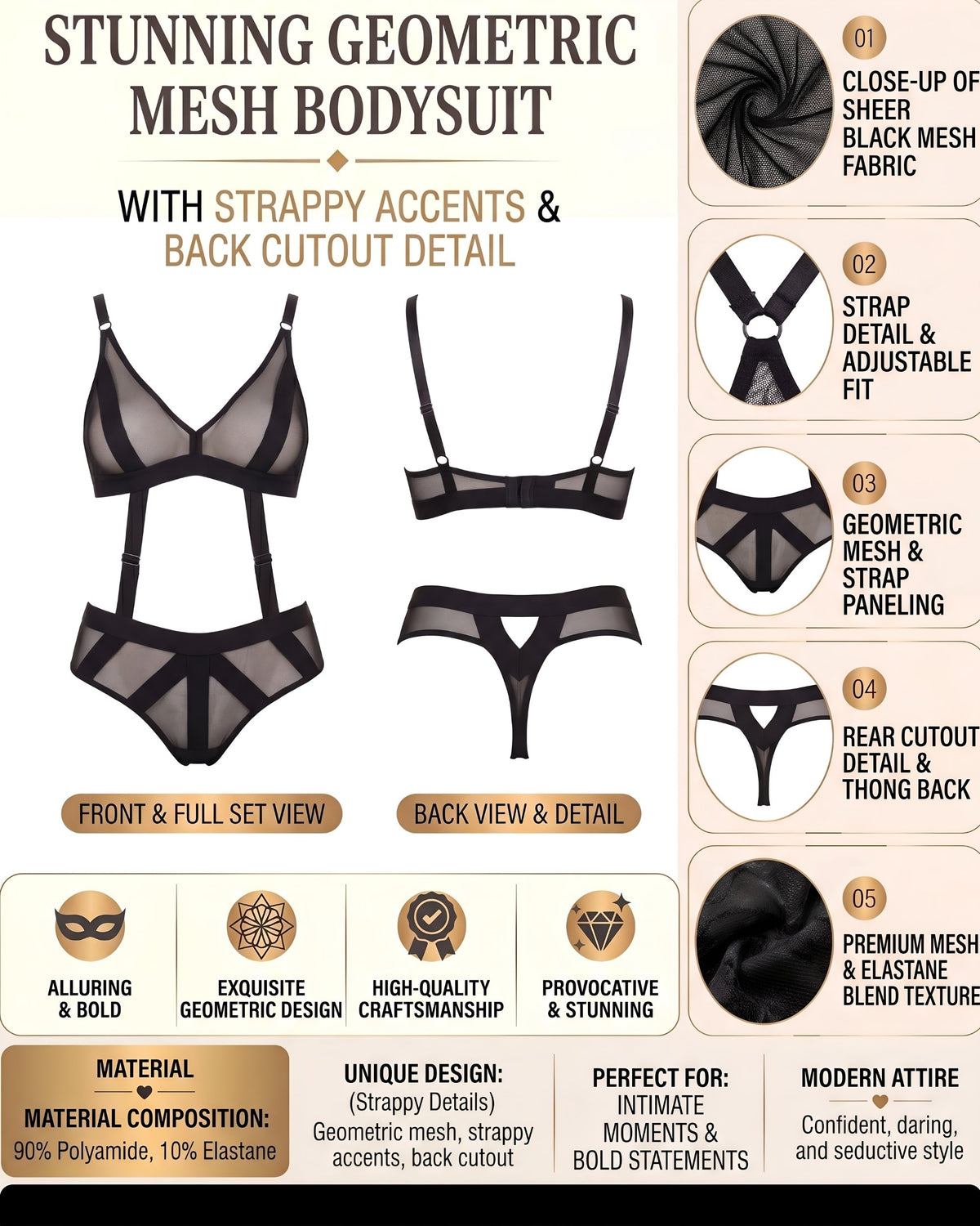 Linsori Noir Geometric High-Waist Thong -  Product detail view