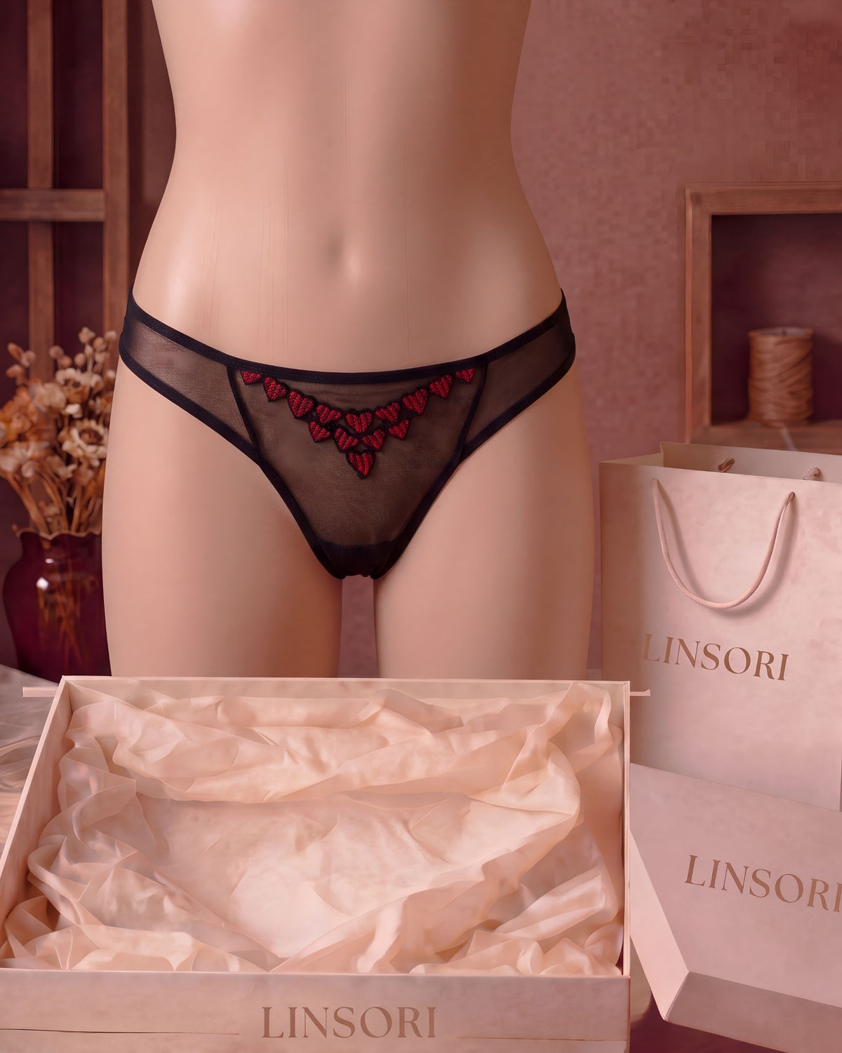 Linsori Noir Heart Embroidered Brief - Mannequin View