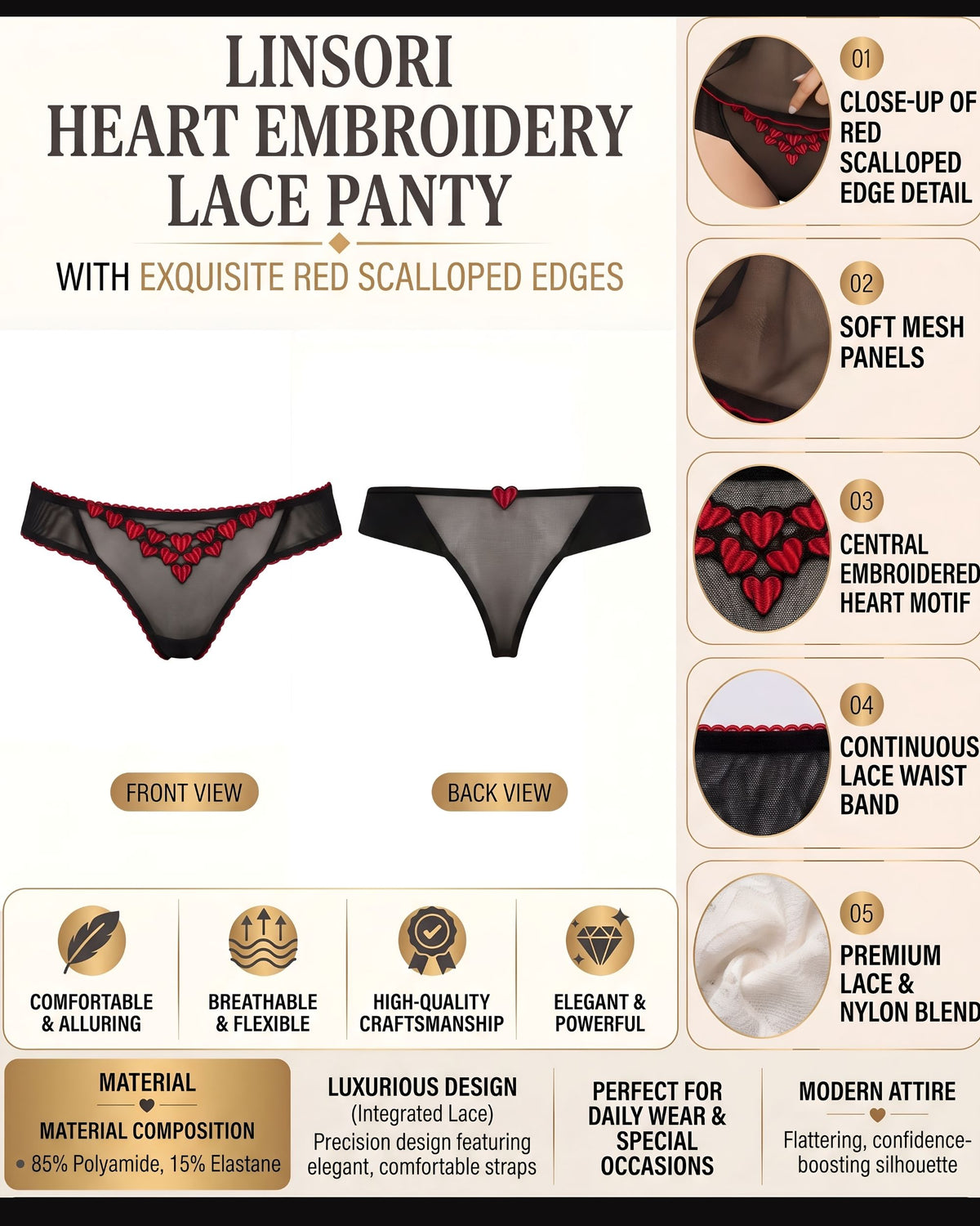 Linsori Heart Embroidered Noir Thong -  Product detail view