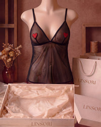 Linsori Heart Embroidered Noir Tulle Top Plus Size - Mannequin View