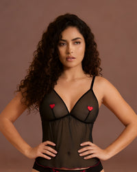 Linsori Heart Embroidered Noir Tulle Top Plus Size - Front view 