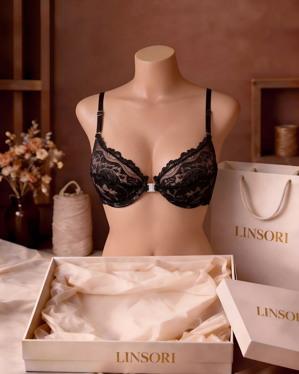 Linsori Noir Halter Plunge Floral Lace Bra Plus Size - Mannequin View