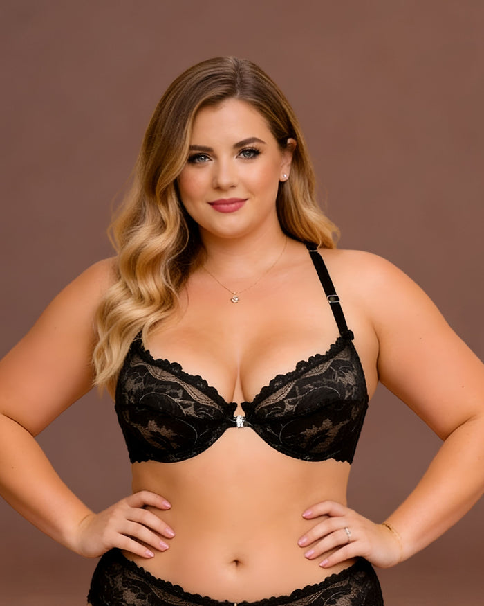 Linsori Noir Halter Plunge Floral Lace Bra Plus Size - Front view 