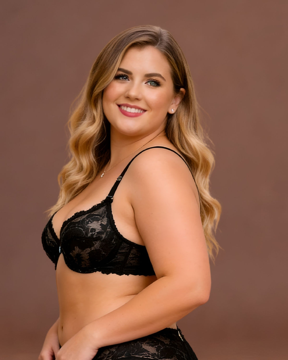Linsori Noir Halter Plunge Floral Lace Bra Plus Size -  Left view