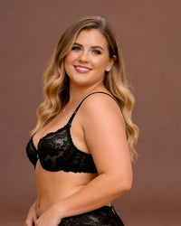 Linsori Noir Halter Plunge Floral Lace Bra Plus Size -  Left view