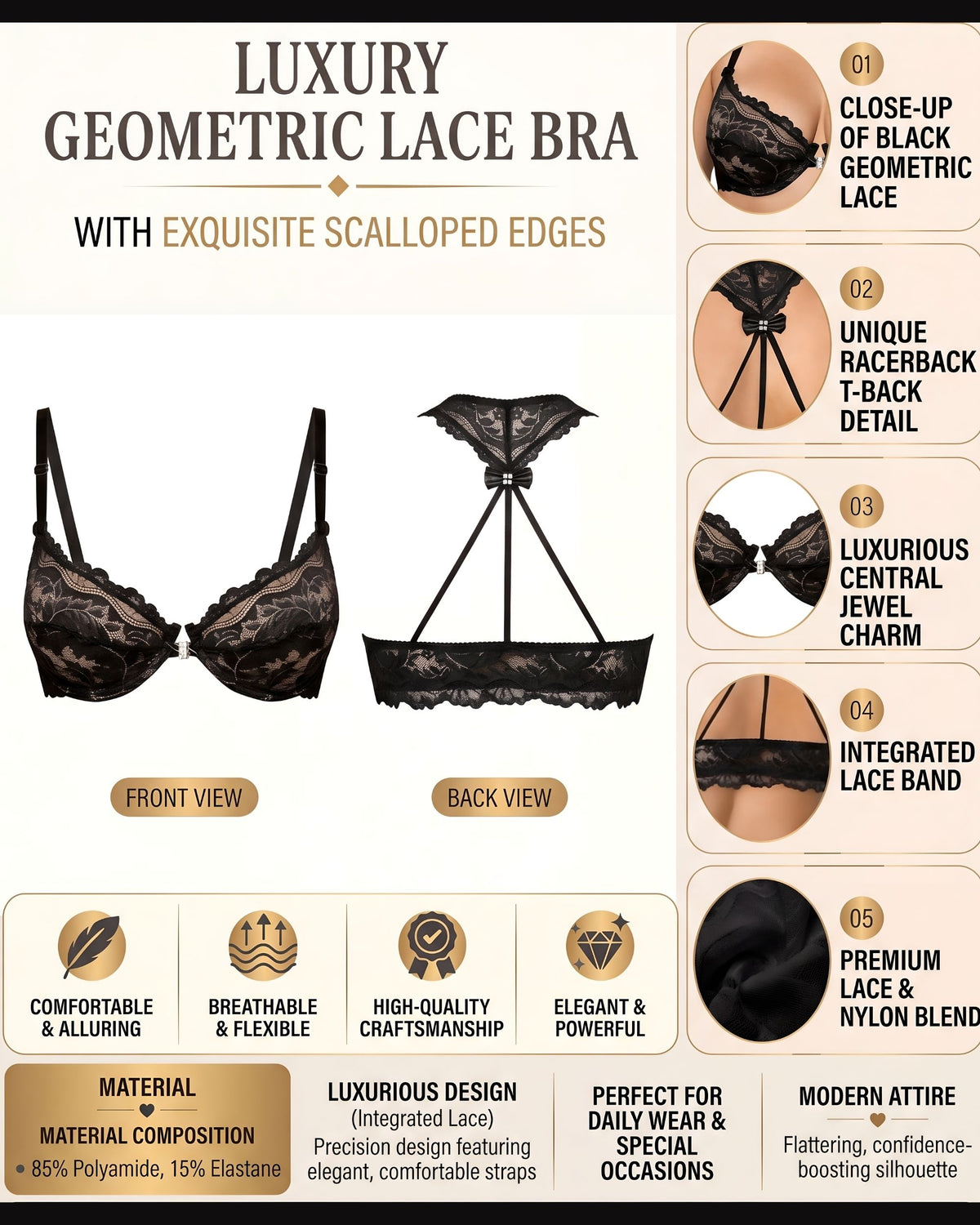 Linsori Noir Halter Plunge Floral Lace Bra Plus Size -  Product detail view