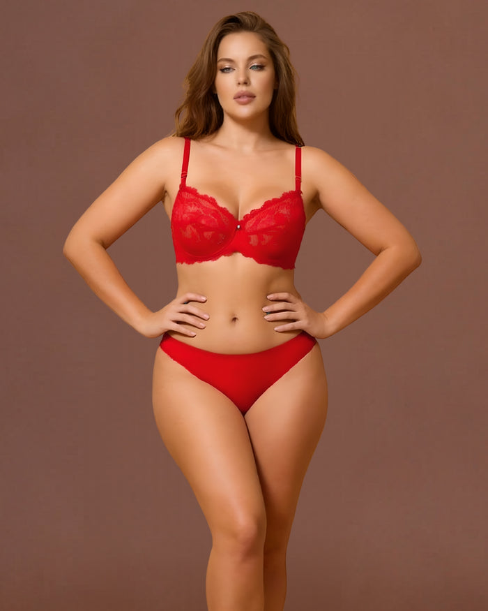 Linsori Scarlet Halter Plunge Floral Lace Bra - Front view 