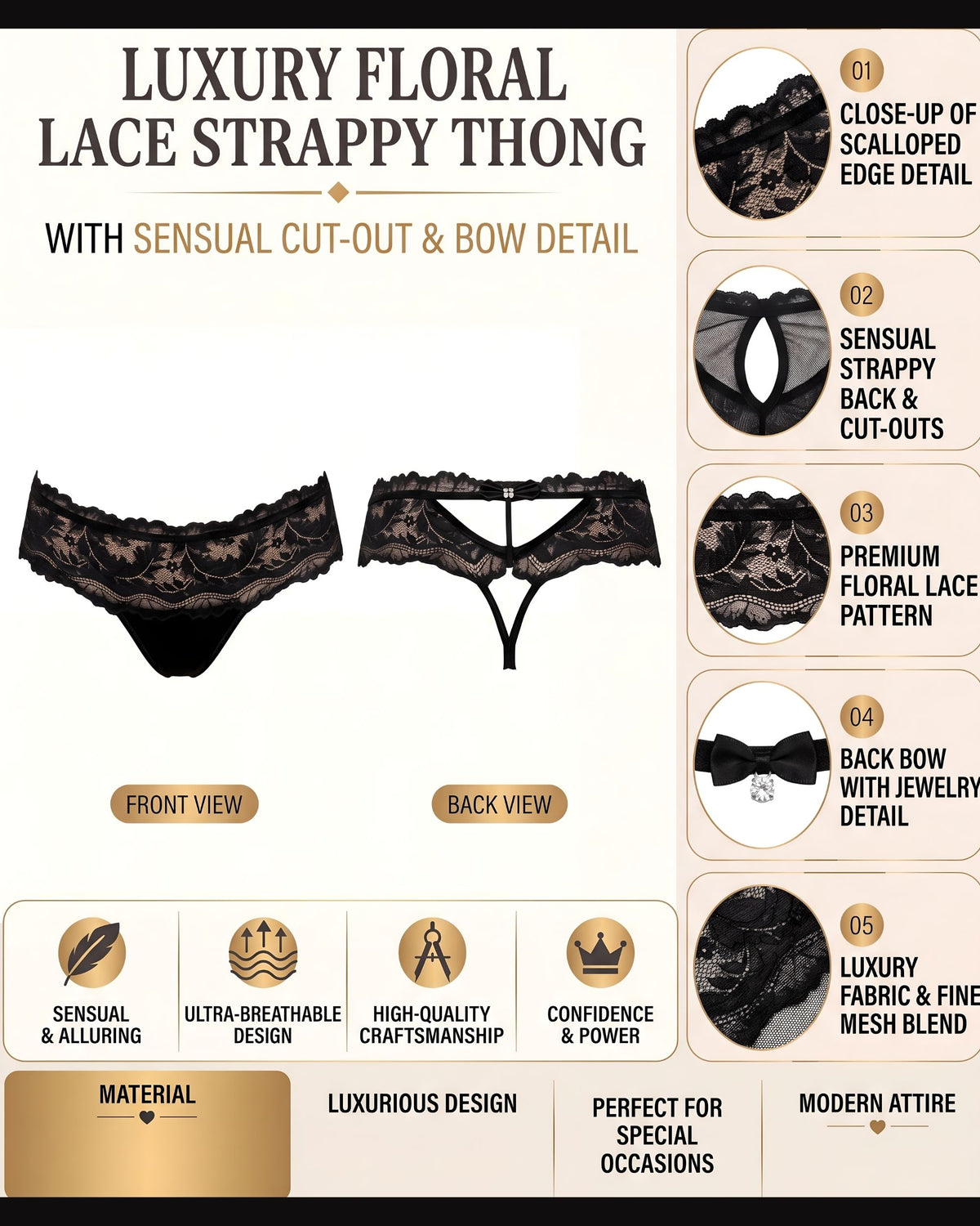 Linsori Sefia Noir Floral Lace Thong -  Product detail view