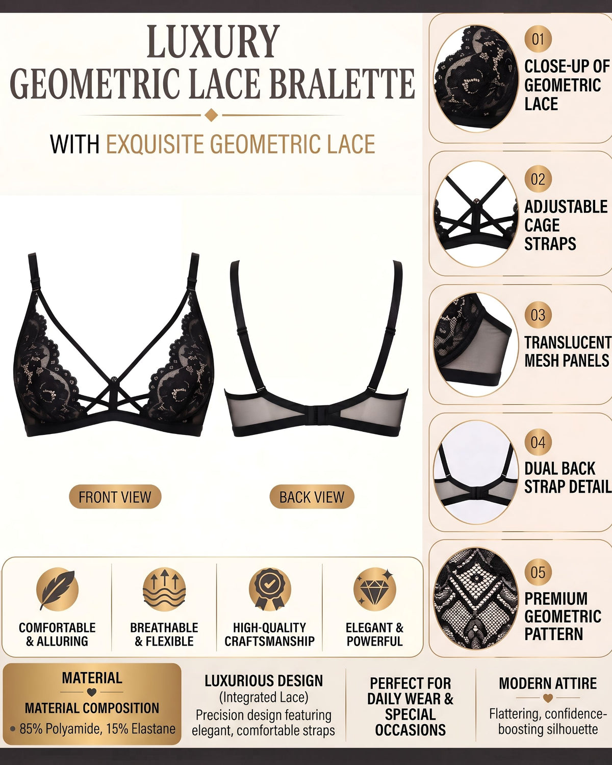 Linsori Noir Floral Jewel Bralette Plus Size -  Product detail view