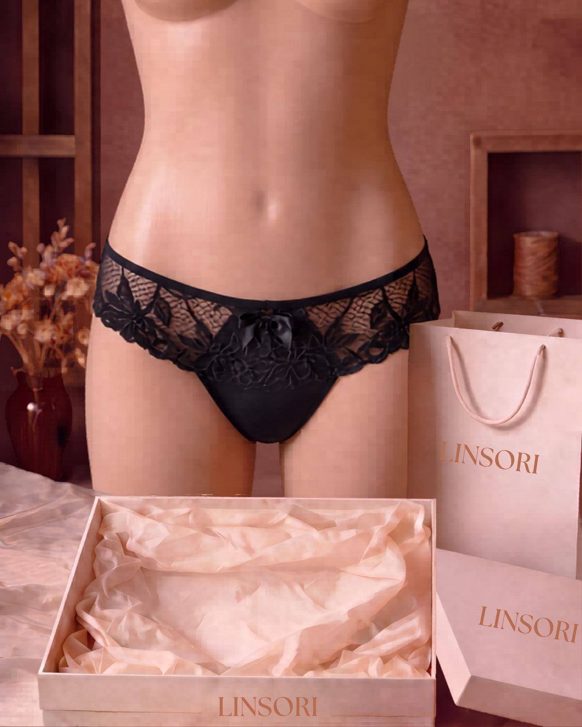Linsori Midnight Floral Embroidered Brief - Mannequin View